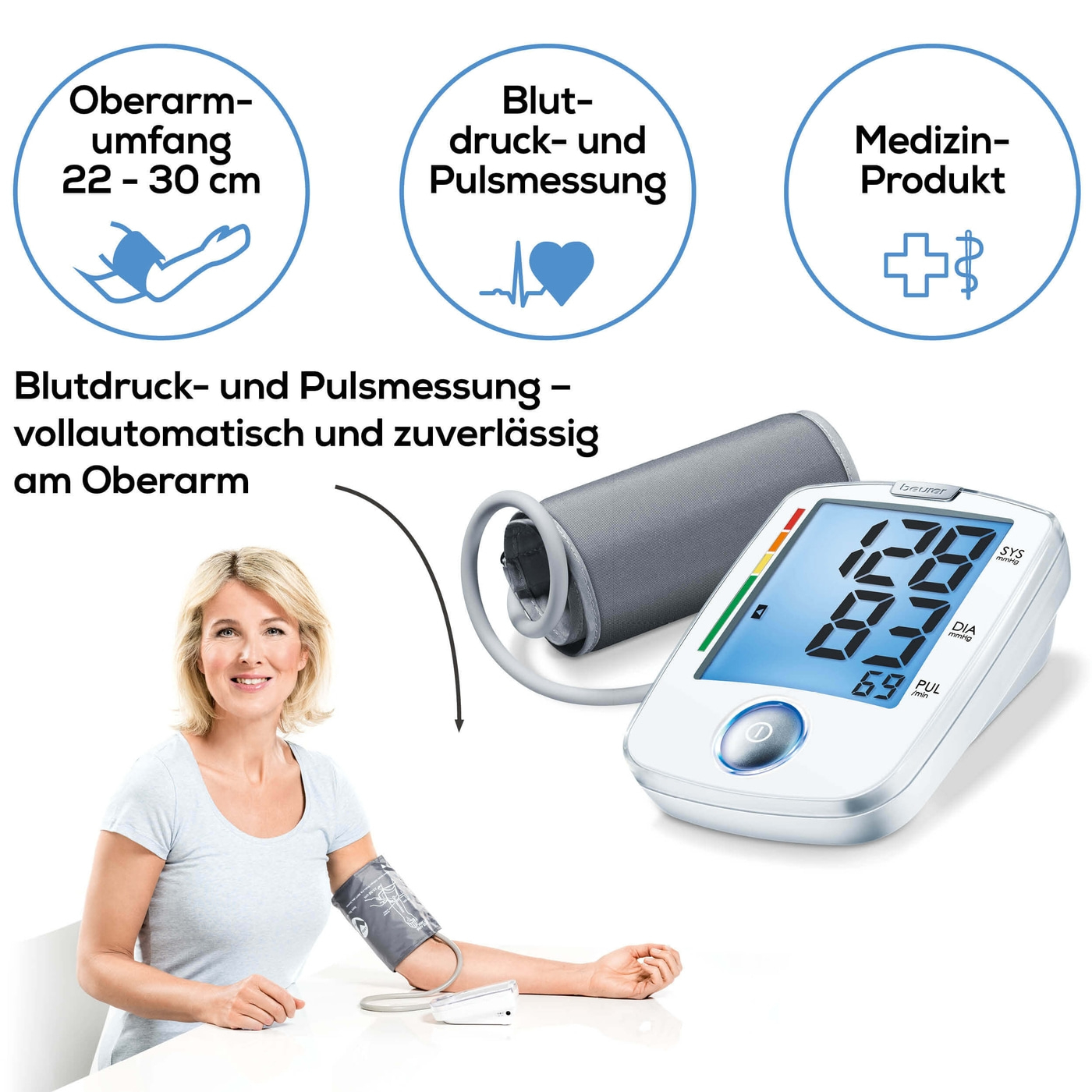 Beurer Oberarm-Blutdruckmessgerät BM 44-Einfach bedienbares Oberarm-Blutdruckmessgerät mit beleuchtetem XL-Display