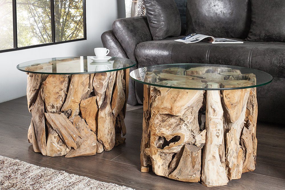 riess-ambiente Couchtisch RIVERSIDE 60cm natur / transparent, Wohnzimmer · Massivholz-Gestell · Glasplatte · rund · Handarbeit
