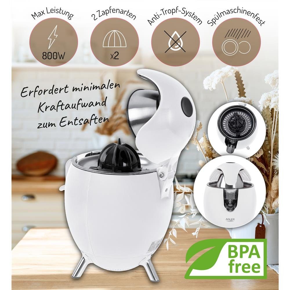 Adler Zitruspresse AD 4013, 800,00 W, Saftpresse elektrisch Fruchtfleisch Sieb Edelstahl Anti Tropf System