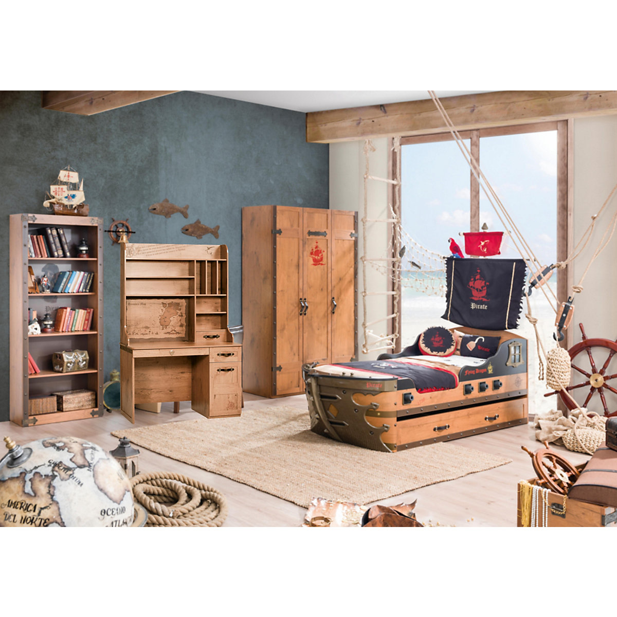 Kinderzimmer 3-teilig mit Piratenbett in Schiffsform, Ausziehbett inkl. Matratzen