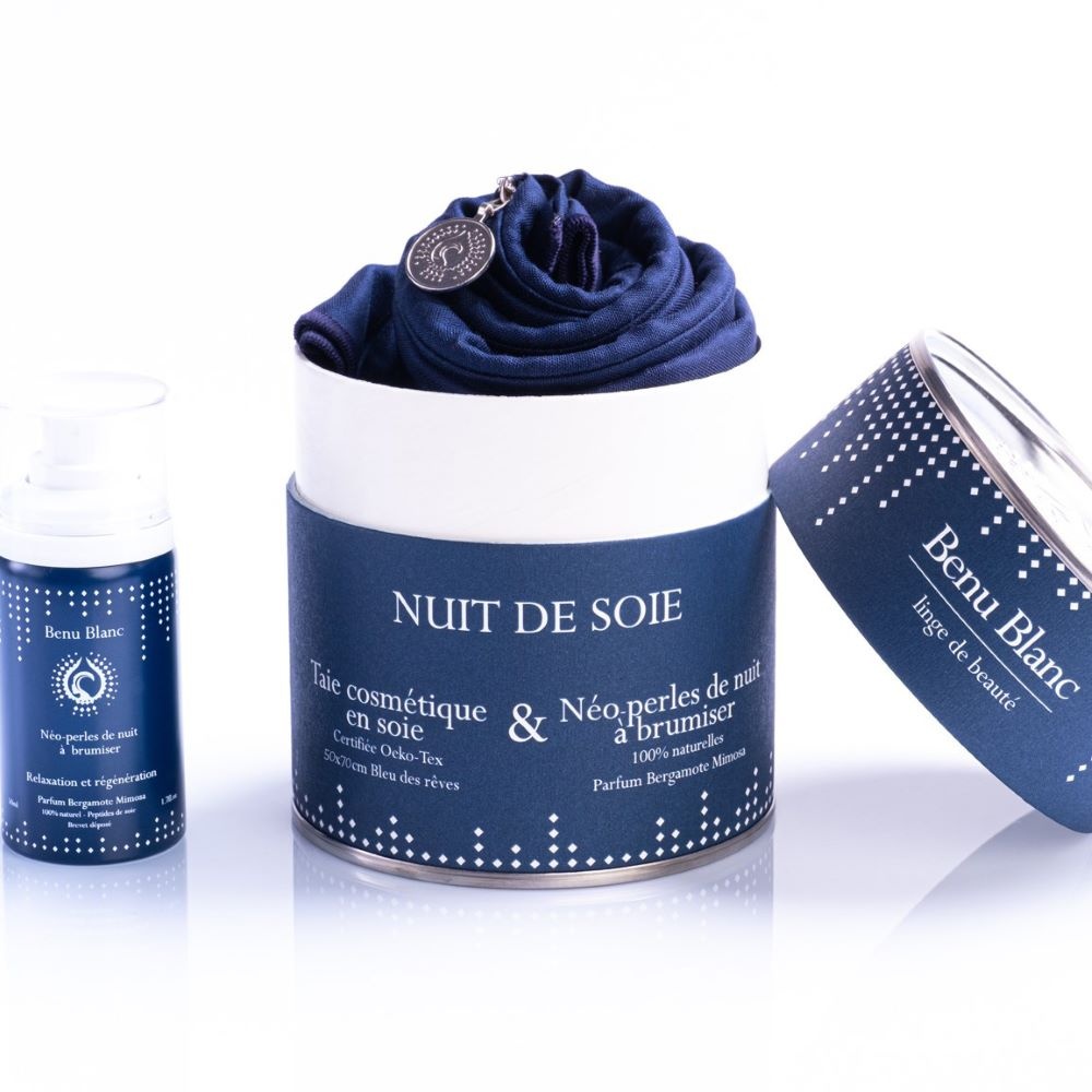benu blanc Nuit de Soie, le rituel beauté et bien-être de la nuit Taie d'oreiller 100% pure soie et brumede soins  naturelle