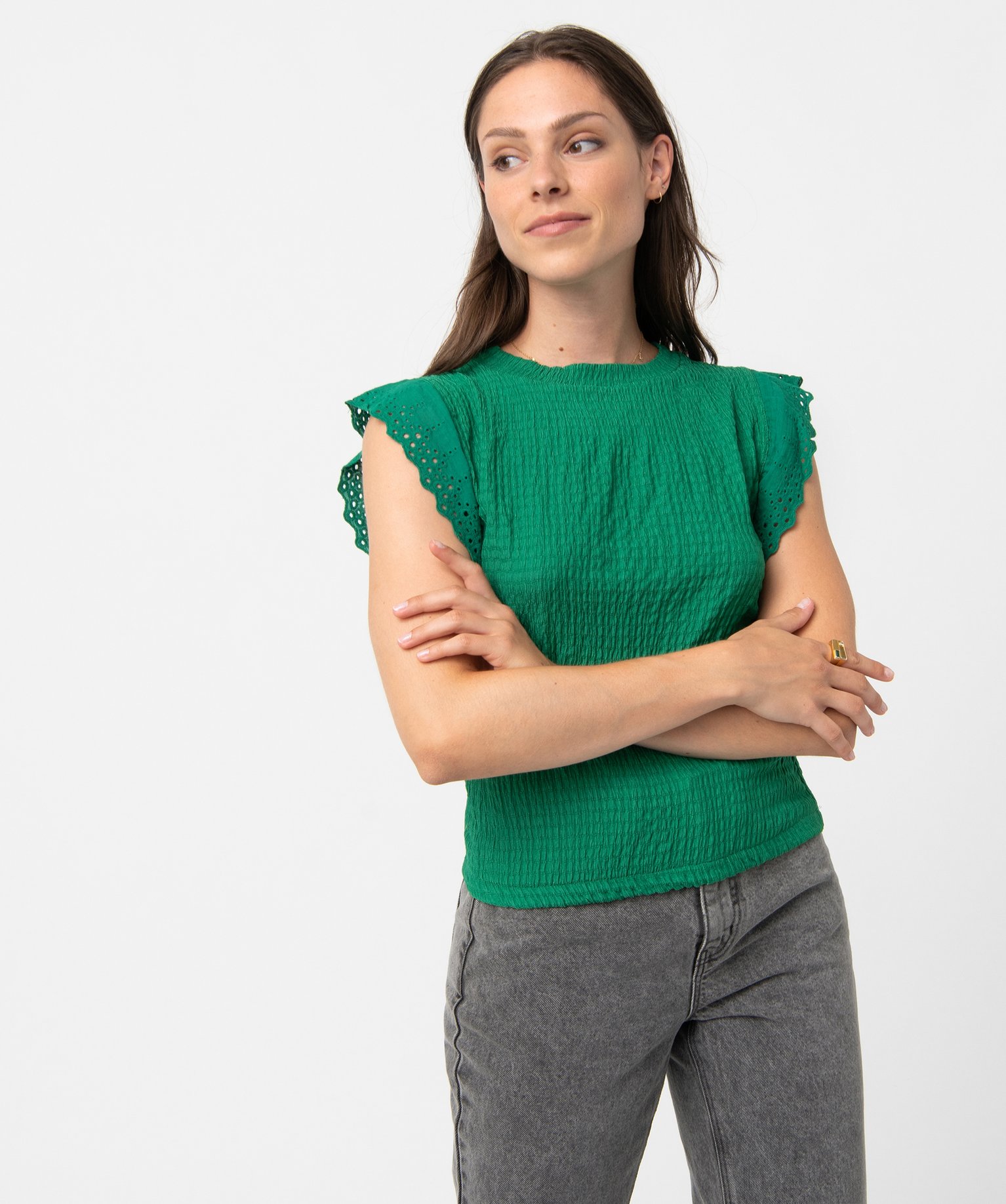 Tee-shirt femme sans manches en matière texturée vert | GEMO