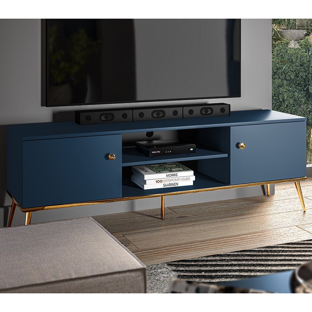Lomadox Wohnwand MONTPELLIER-131, (4-St., 4-tlg), dunkelblau, LED-Beleuchtung, Füße & Griffe goldfarben, mit Couchtisch