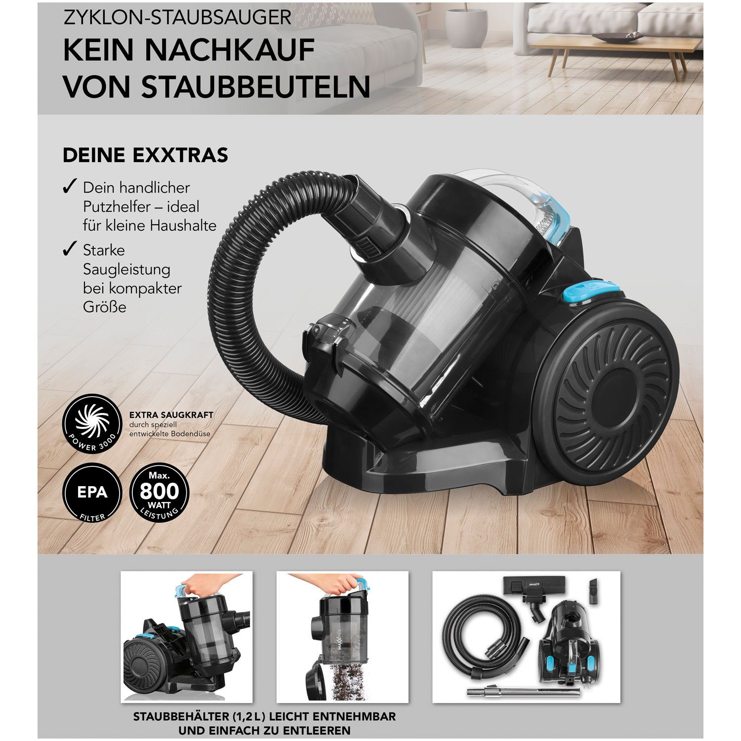 Clean Edition Bodenstaubsauger ND8803-1, 800 W, beutellos, Zyklon, EPA-Filter, Power 3000 Kombi-Bodenbürste, beutellos, kompakt