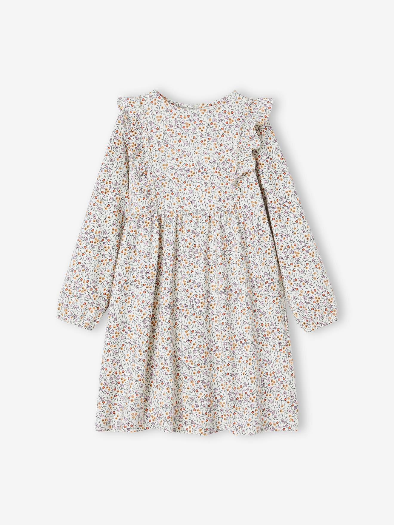 Robe imprimée fleurs fille manches volantées bleu grisé
