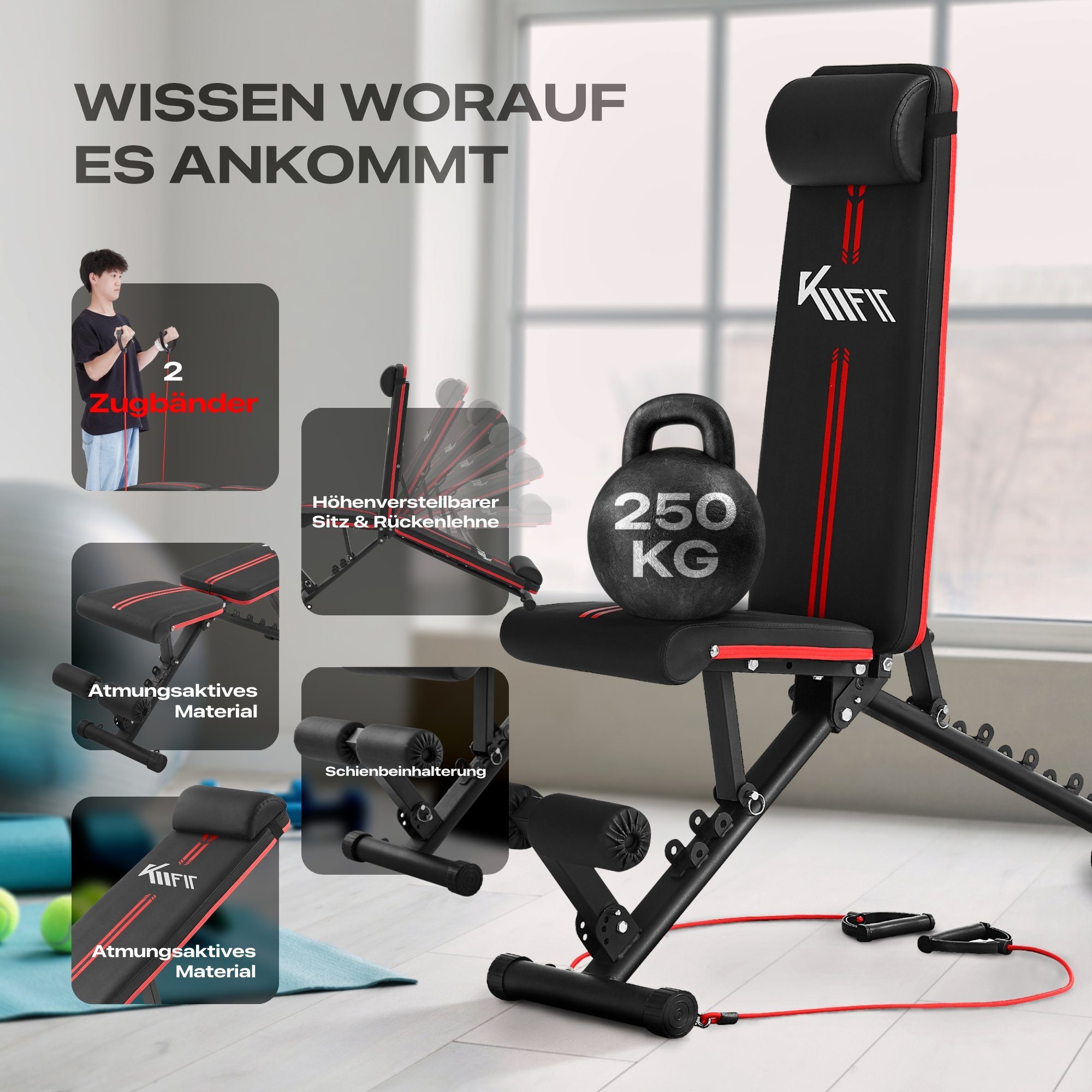 KM - Fit Hantelbank, klappbar, Multifunktion, Training, Fitness, 250kg, (Set), Bauchtraining - Schulter- & Nackentraining- Brusttraining