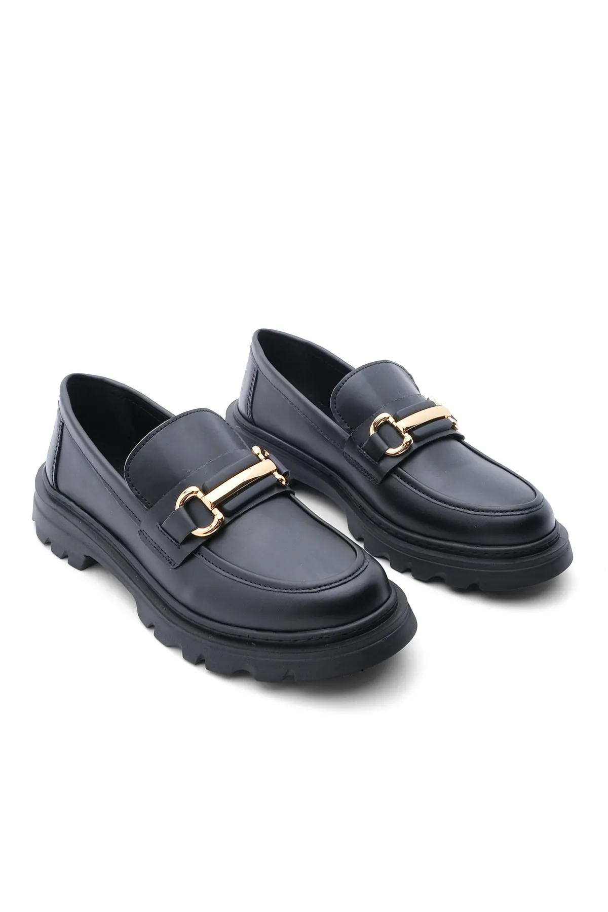 Marjin  Damen Loafer Dicke Sohle Kette Freizeitschuhe Yones Schwarz