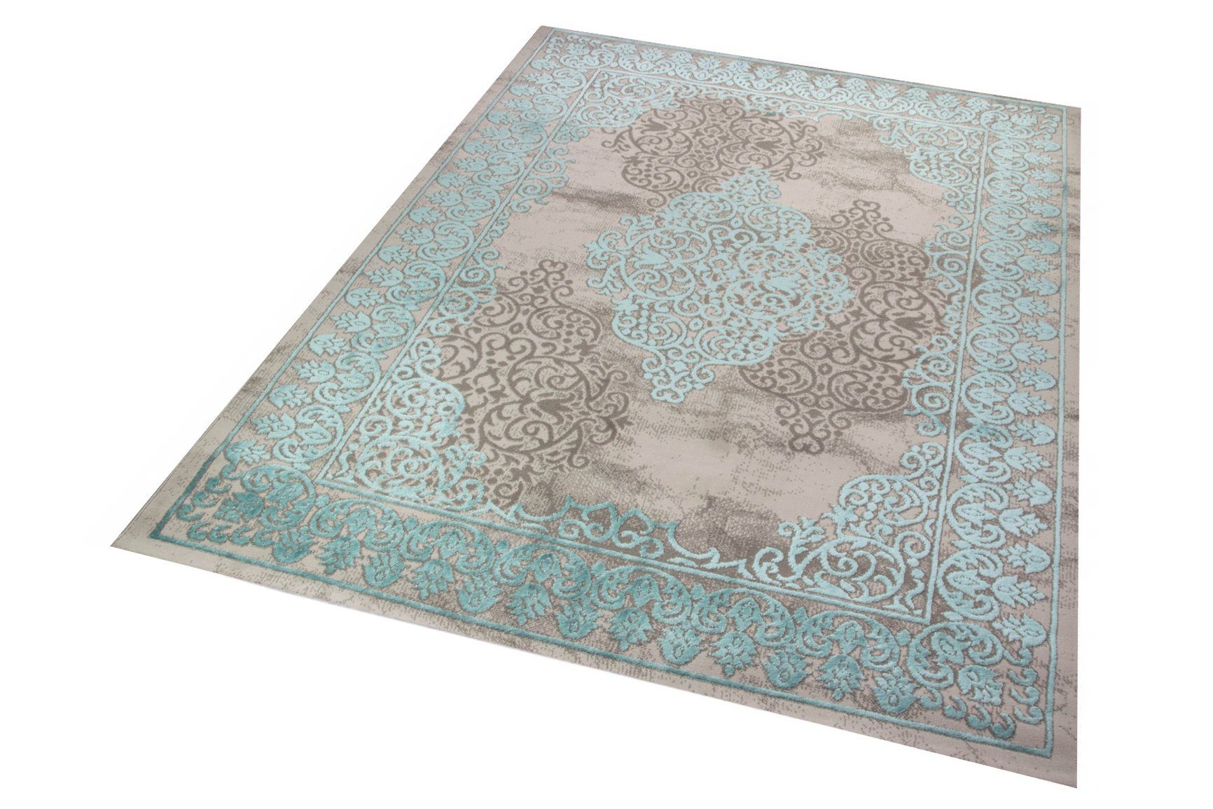 Teppich Wohnzimmerteppich mit Ornamenten Teppich Vintage in Türkis Grau, Teppich-Traum, rechteckig, Höhe: 10 mm