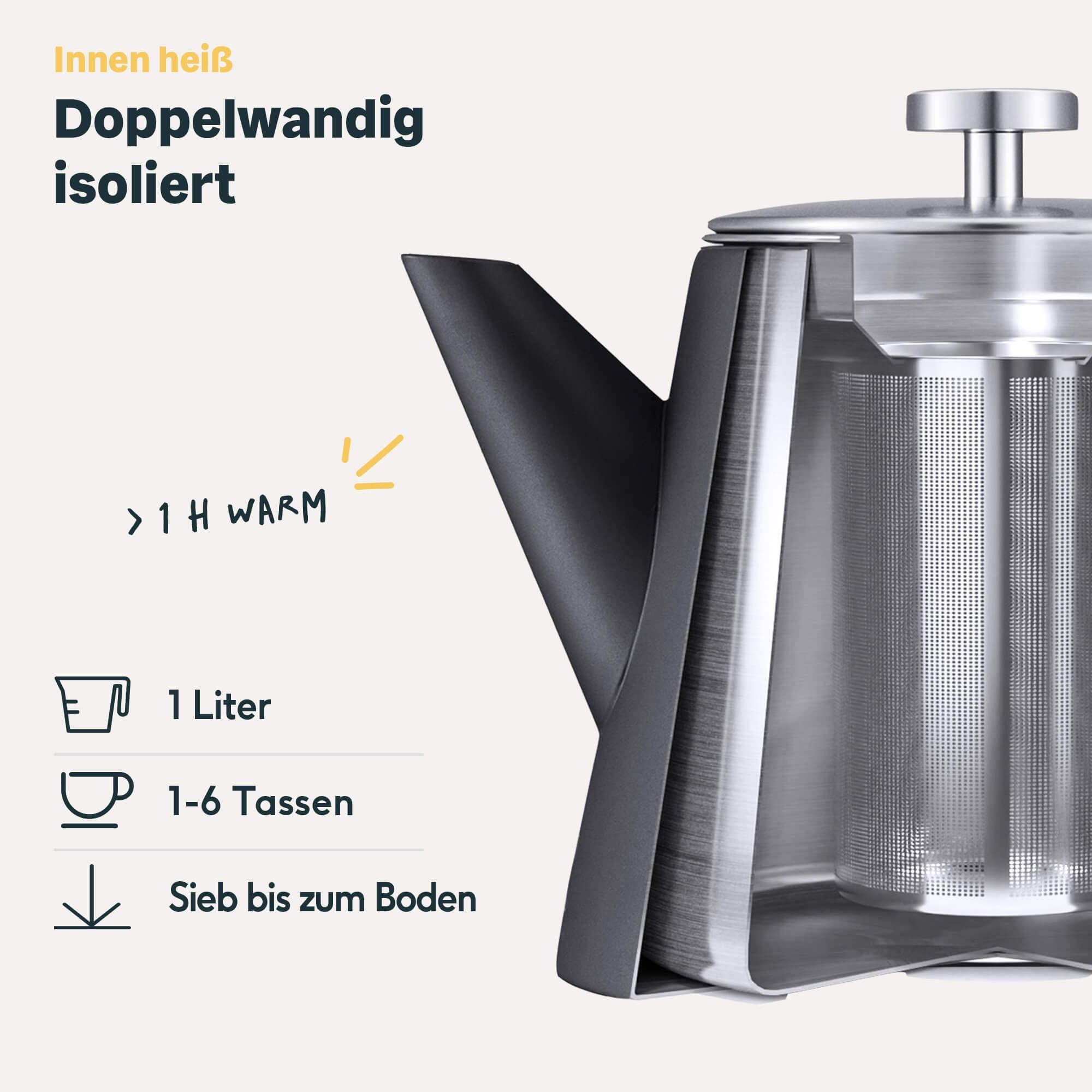 SILBERTHAL Teekanne Edelstahl mit Siebeinsatz in Schwarz und Silber, 1 l, Doppelwandig-isoliert