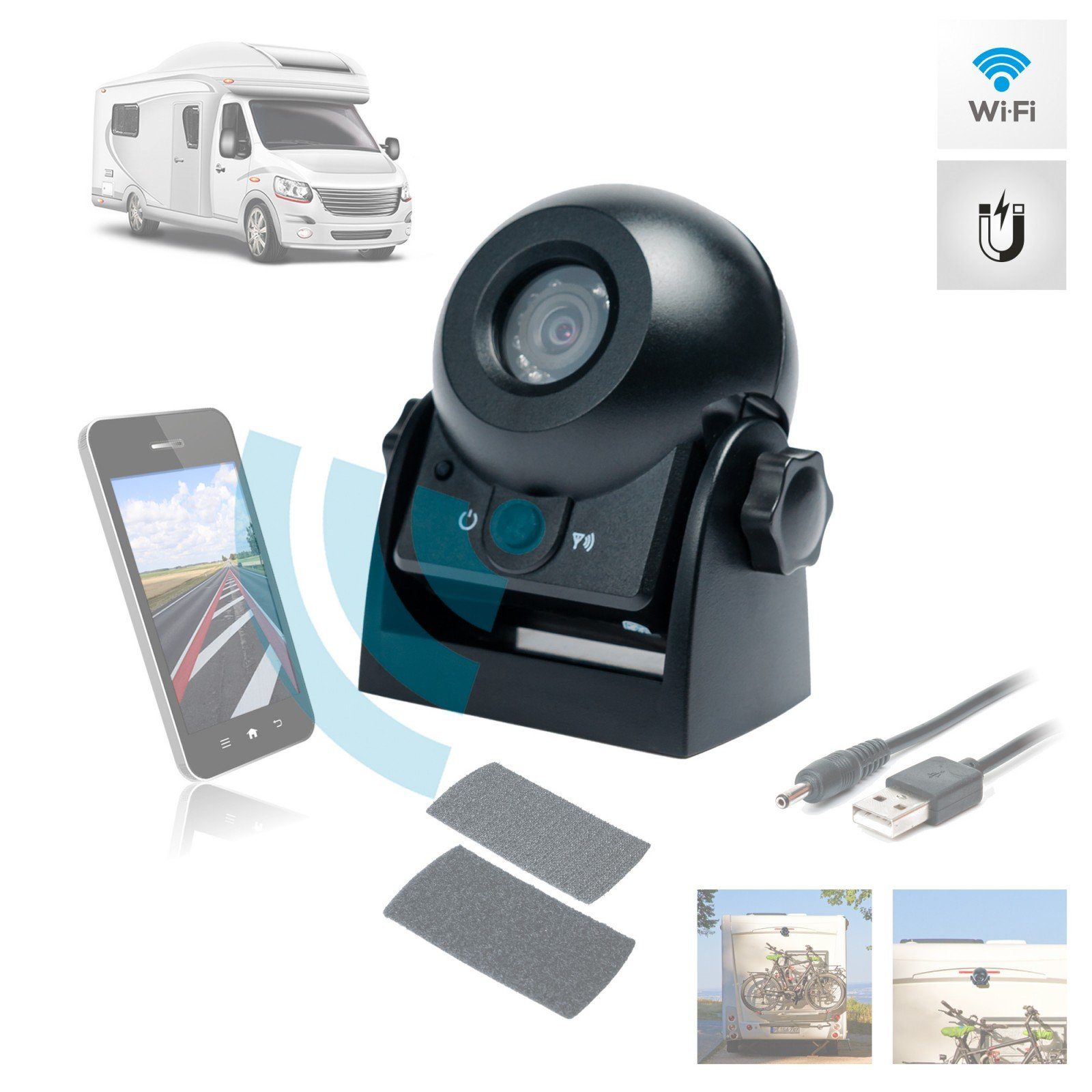 CARMATRIX CM-712 Rückfahrkamera (WLAN Funk Auto Rückfahrkamera Akku Magnet Wohnmobil Pferd Anhänger, Aufladbare Batterie, kostenlose App, Distanzlinien zu- und abschalten)