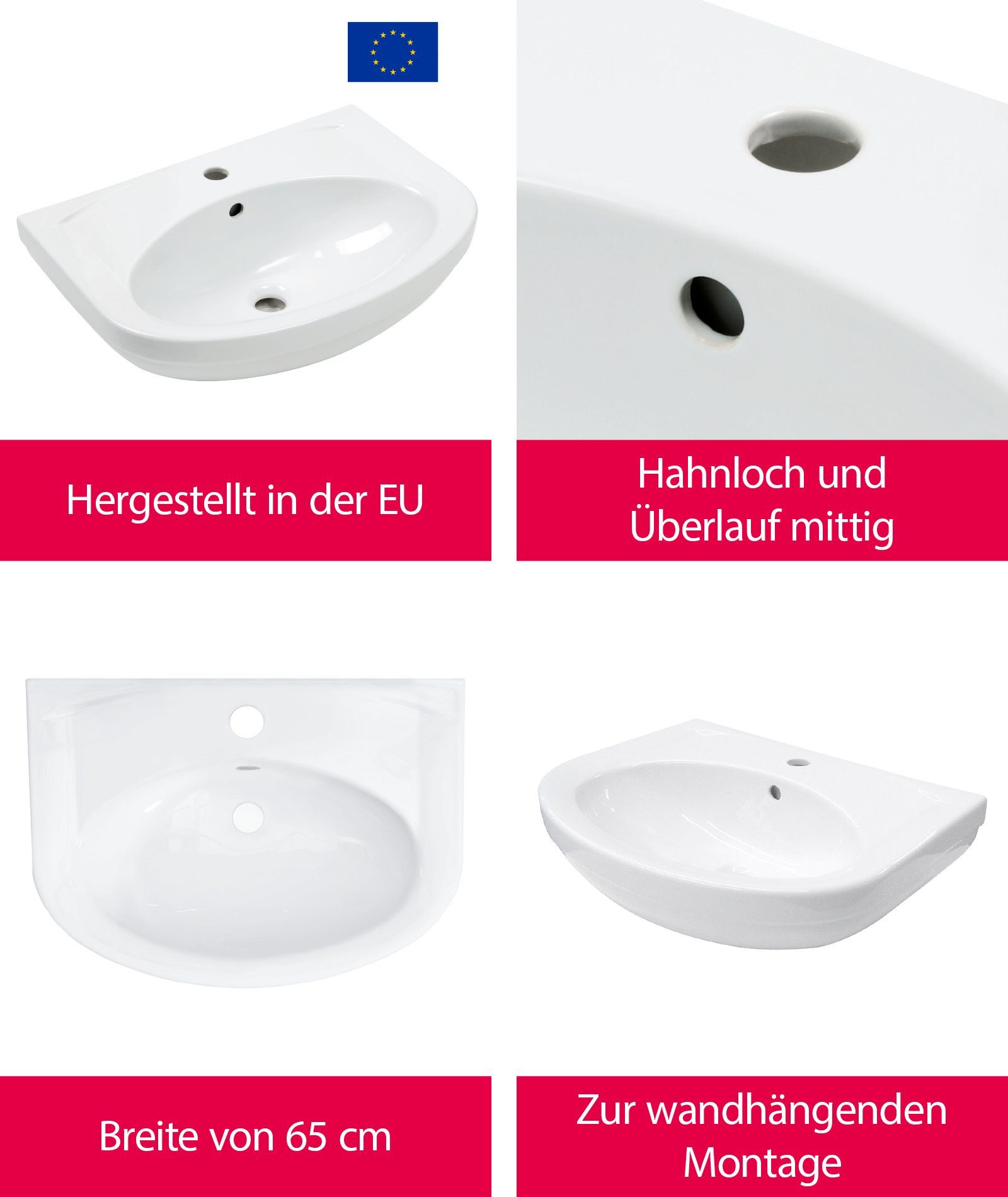 aquaSu Waschbecken Lobo (Hänge-Waschtisch, 1-St., Waschbecken), 60 cm, Keramik, Weiß, 567756