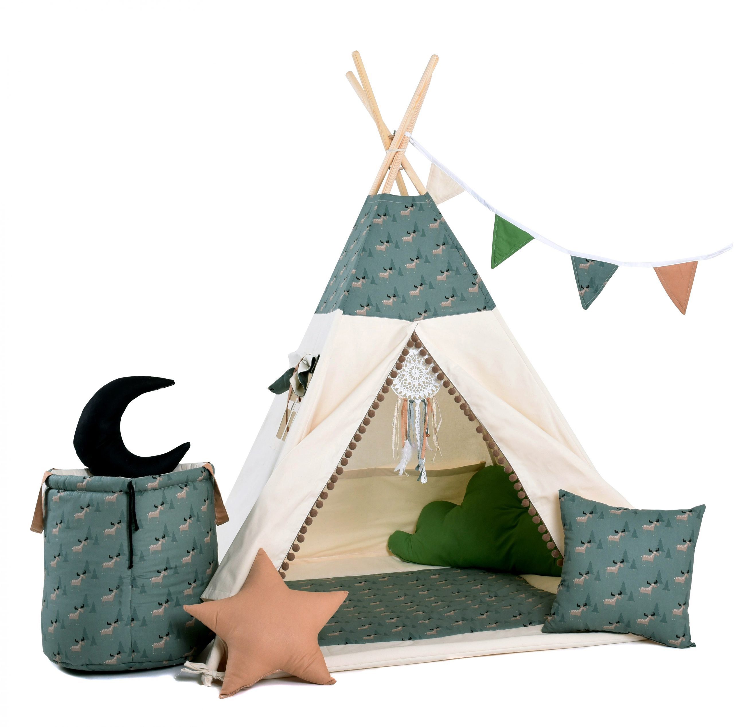 Rainbow Kids Tipi-Zelt Elchilein, Personen: 2 (mit Zubehör, 8 tlg., mit 4 Kissen, Matte, Spielzeugkorb und Wimpelkette)