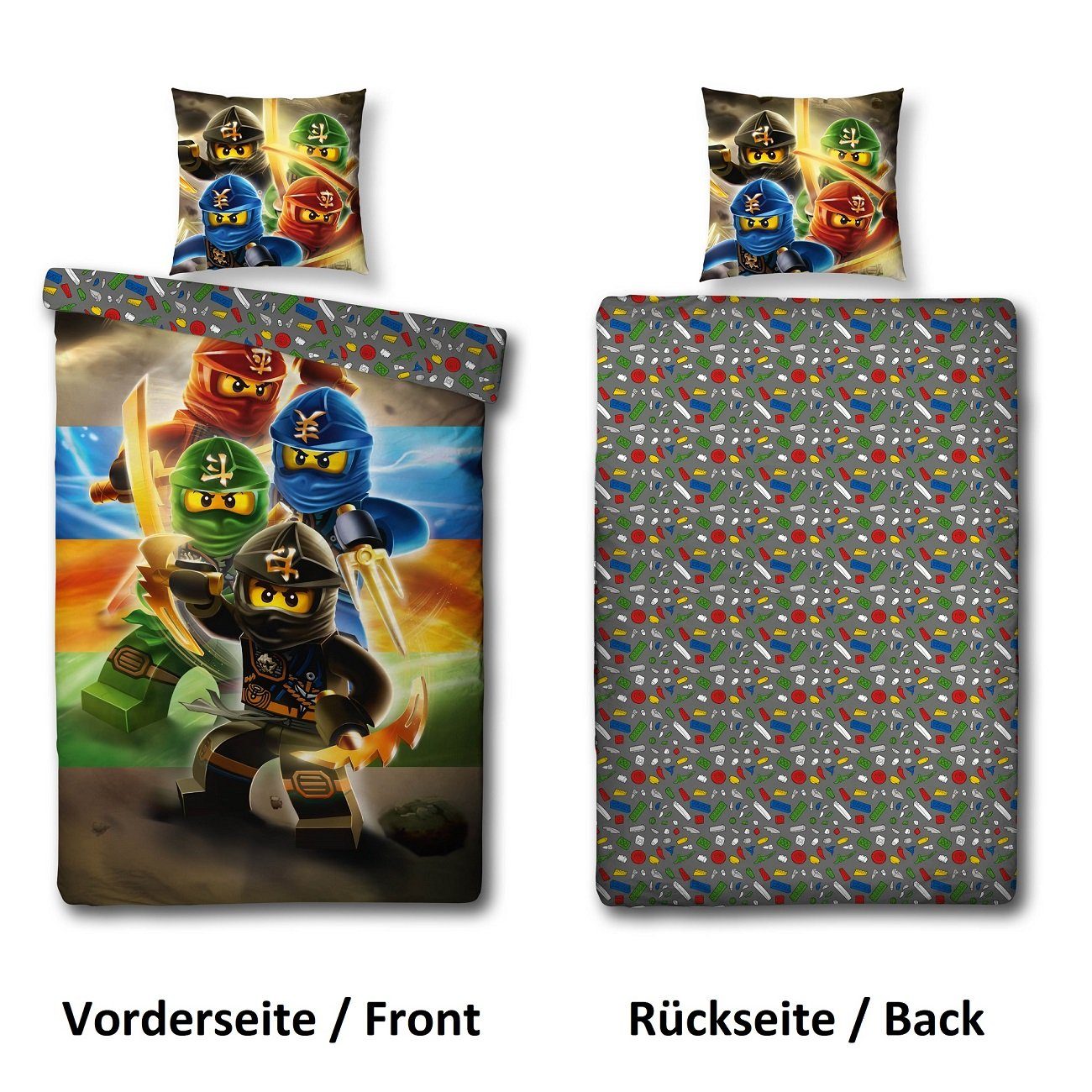 Kinderbettwäsche Lego Ninjago 135x200 + 80x80cm mit Reißverschluss aus 100% Baumwolle, Familando, Renforcé, 2 teilig, Motiv 
