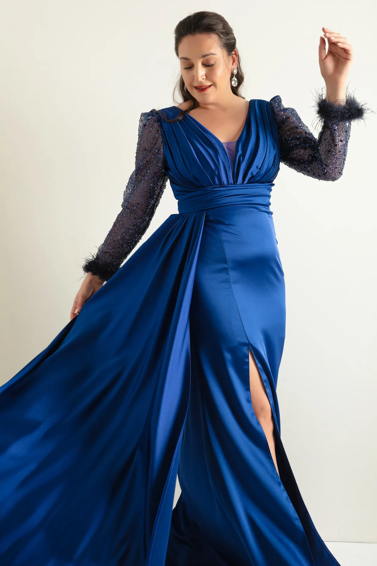 Lafaba  Saxe-Abendkleid für Damen mit V-Ausschnitt und steinernen Schlitzen, langes Abendkleid in Übergröße
