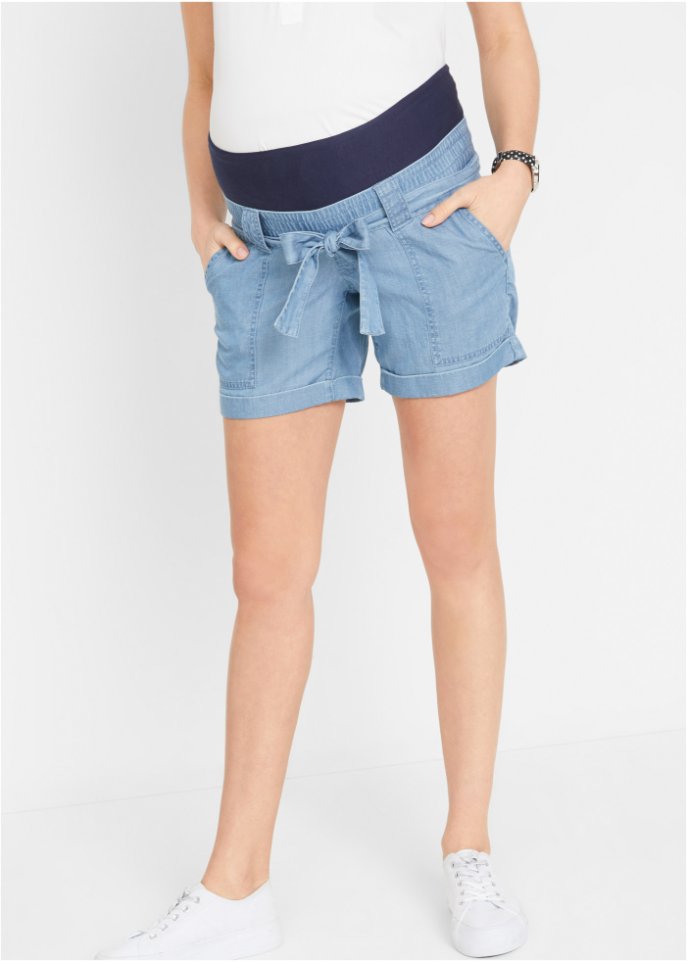 Umstandsshort mit Leinen in Jeans-Optik