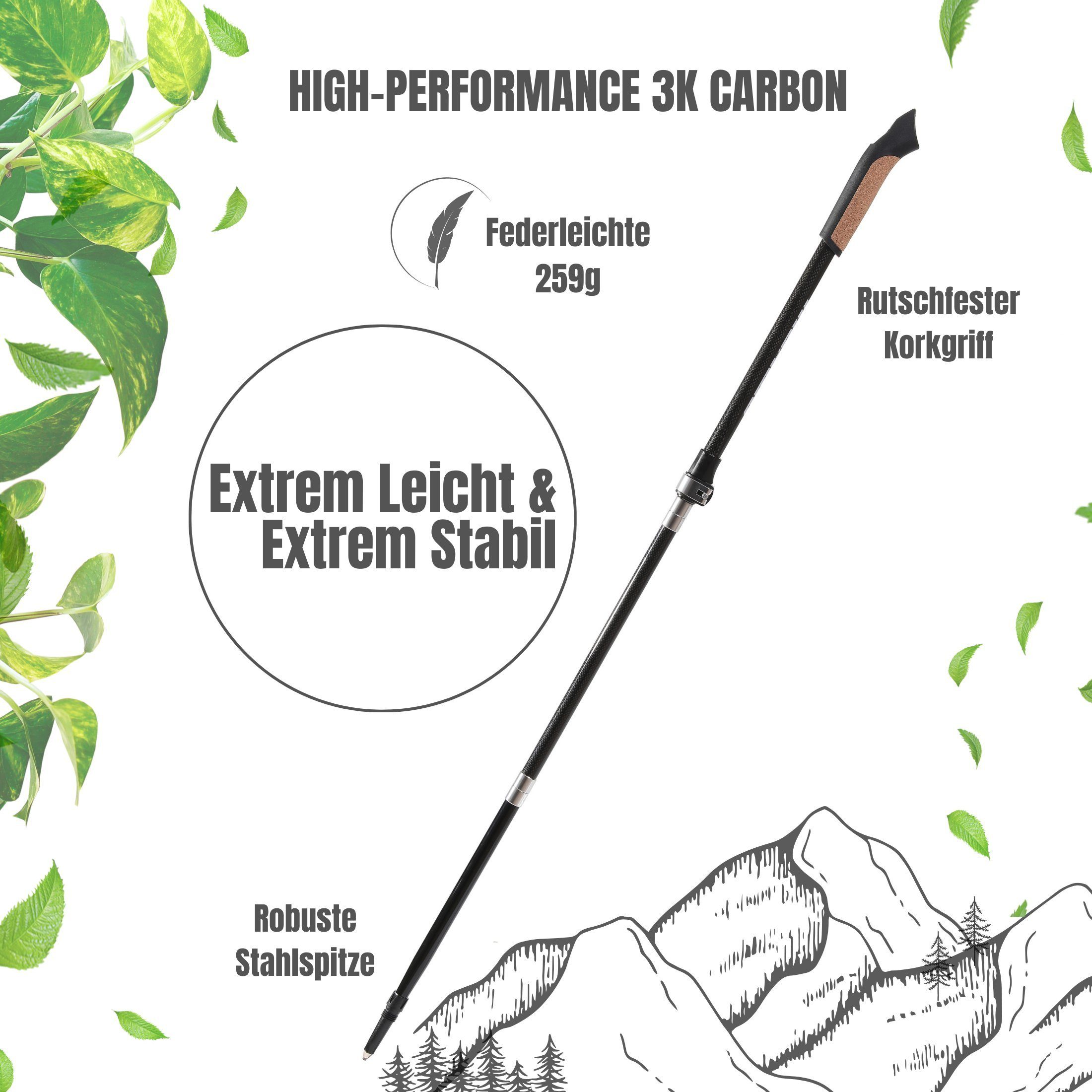 Muawo Nordic-Walking-Stöcke Premium faltbare carbon Walking Stöcke und Trekkingstöcke (Set, Vollständiges 15 Teile Set), 66% Carbon, ultraleicht, robust, falt- und verstellbar
