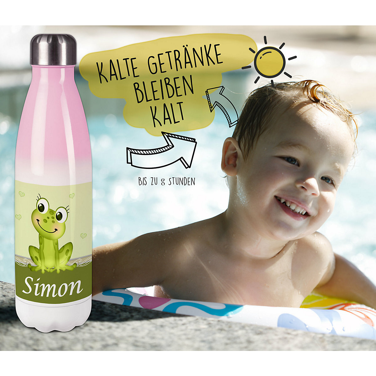 Edelstahl Kinder Thermoflasche / Trinkflasche bunt Frosch Spülmaschinenfest, Auslaufsicher, Bruchfest, Doppelwandig, Für Heißgetränke geeignet, Mit Deckel, Isoliert