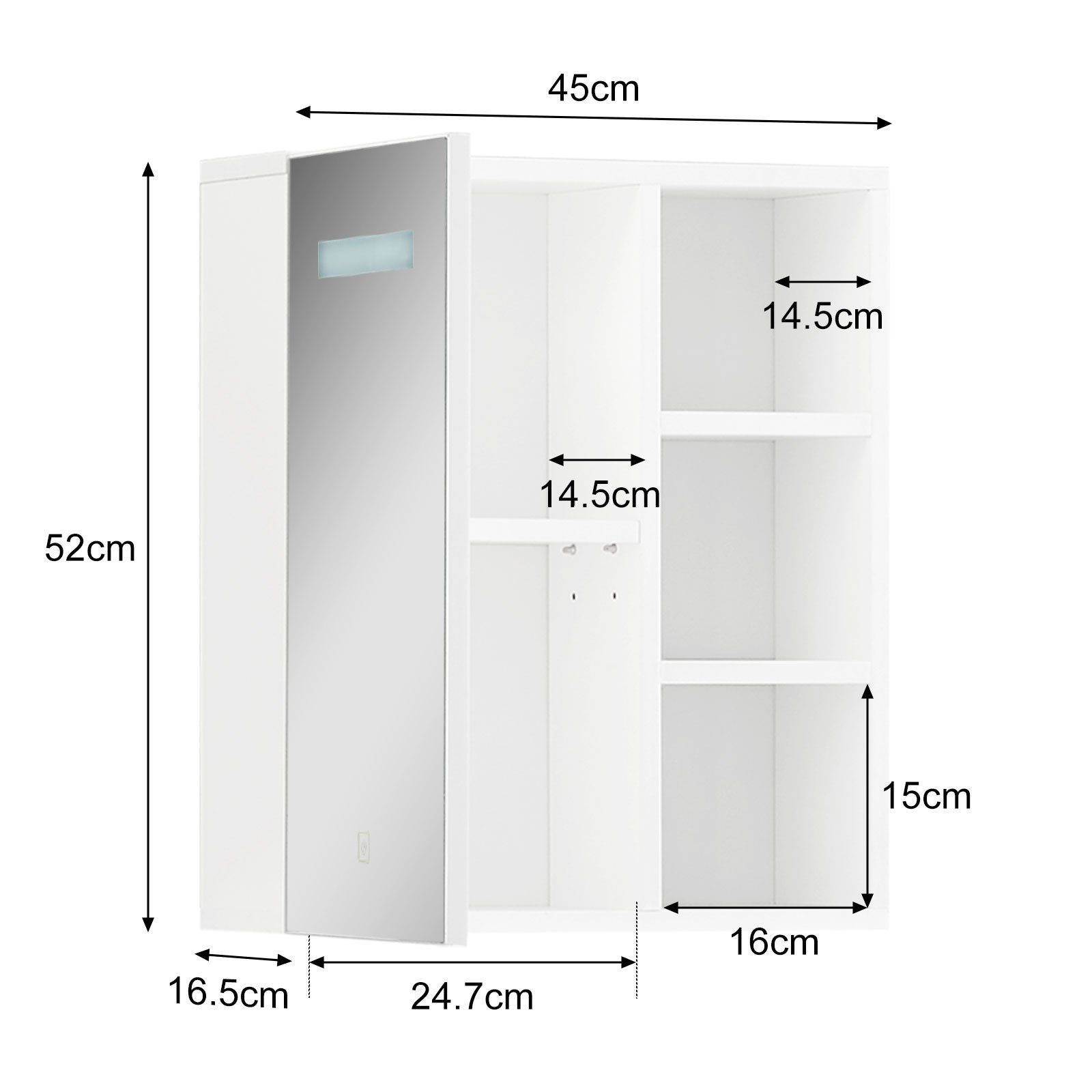 CLIPOP Badezimmerspiegelschrank Wandschrank (1er Set) 45x16.5x52cm Spiegelschrank, LED Spiegelschrank mit Touchschalter