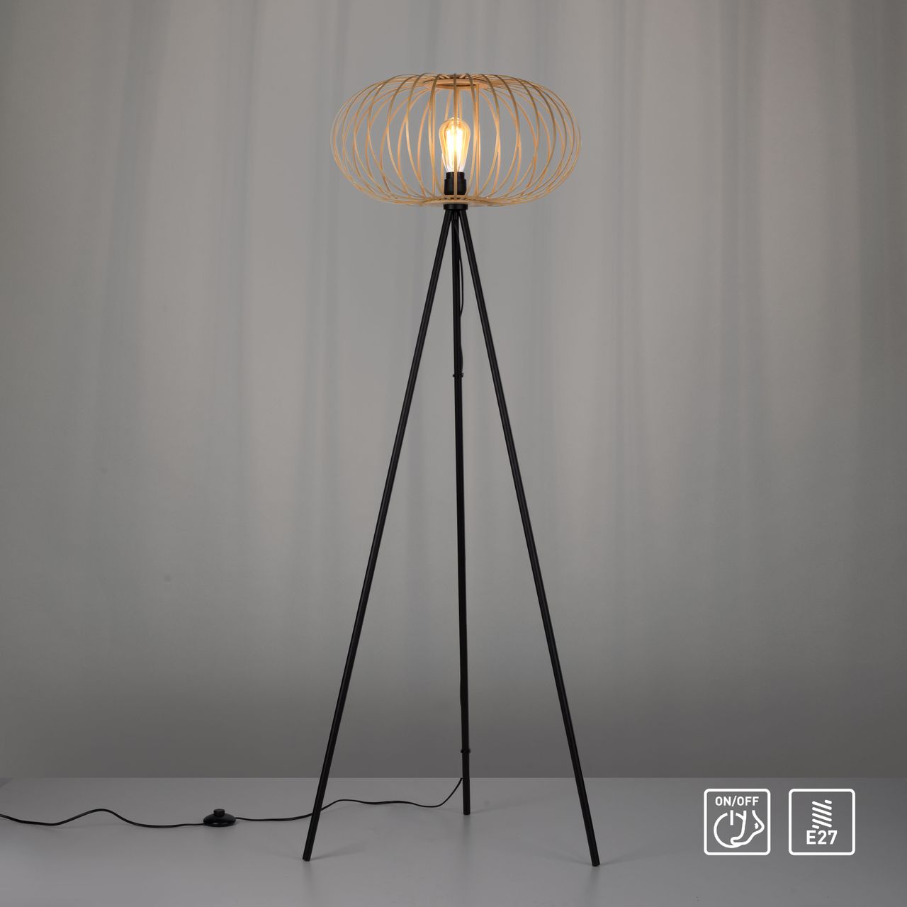 JUST LIGHT LeuchtenDirekt Stehleuchte RACOON, 1-flammig, E27, Bambus-Schirm, Ø50cm, Holz-natur, IP20