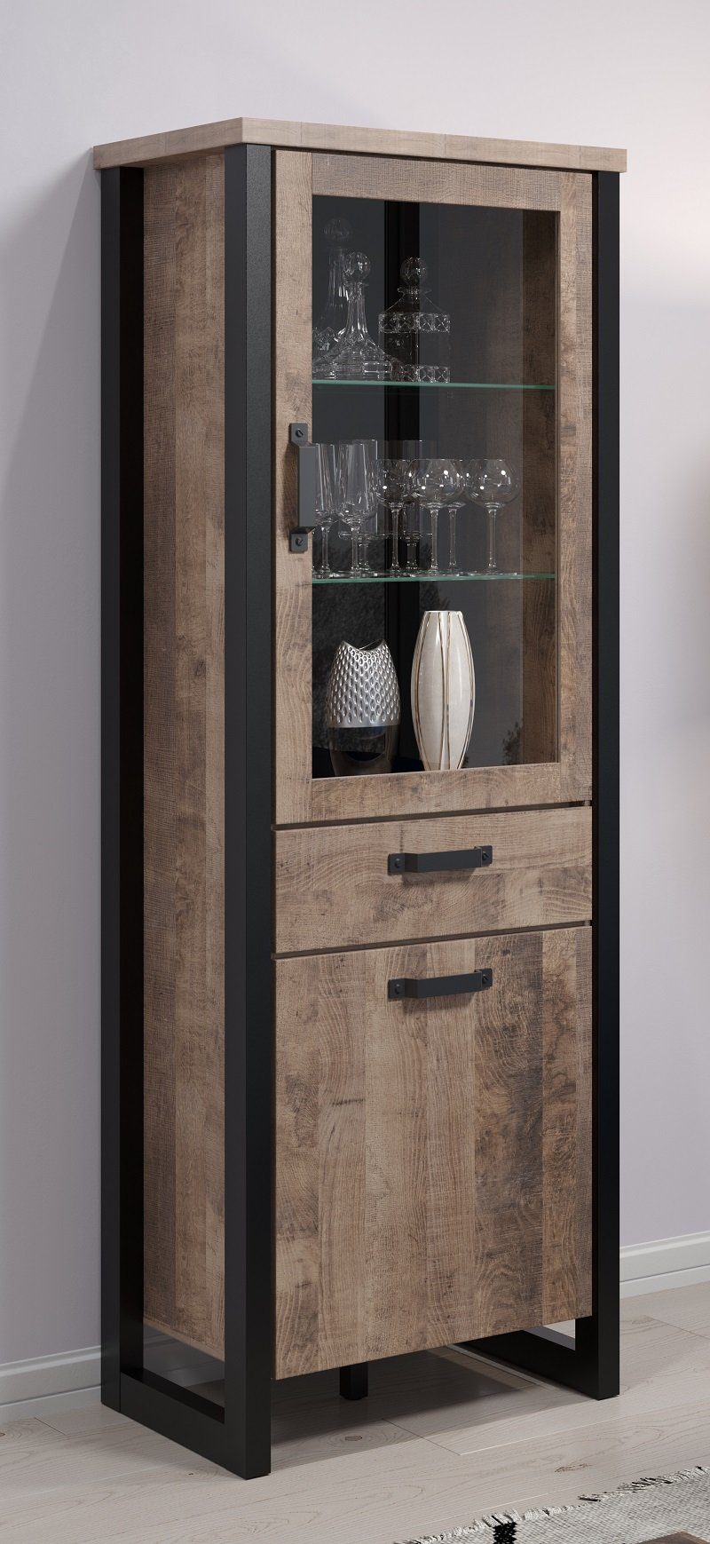 trendteam Wohnwand Wohnwand Anbauwand Emile, Eiche Tabak / Schwarz, 4-teilig, (4-St)