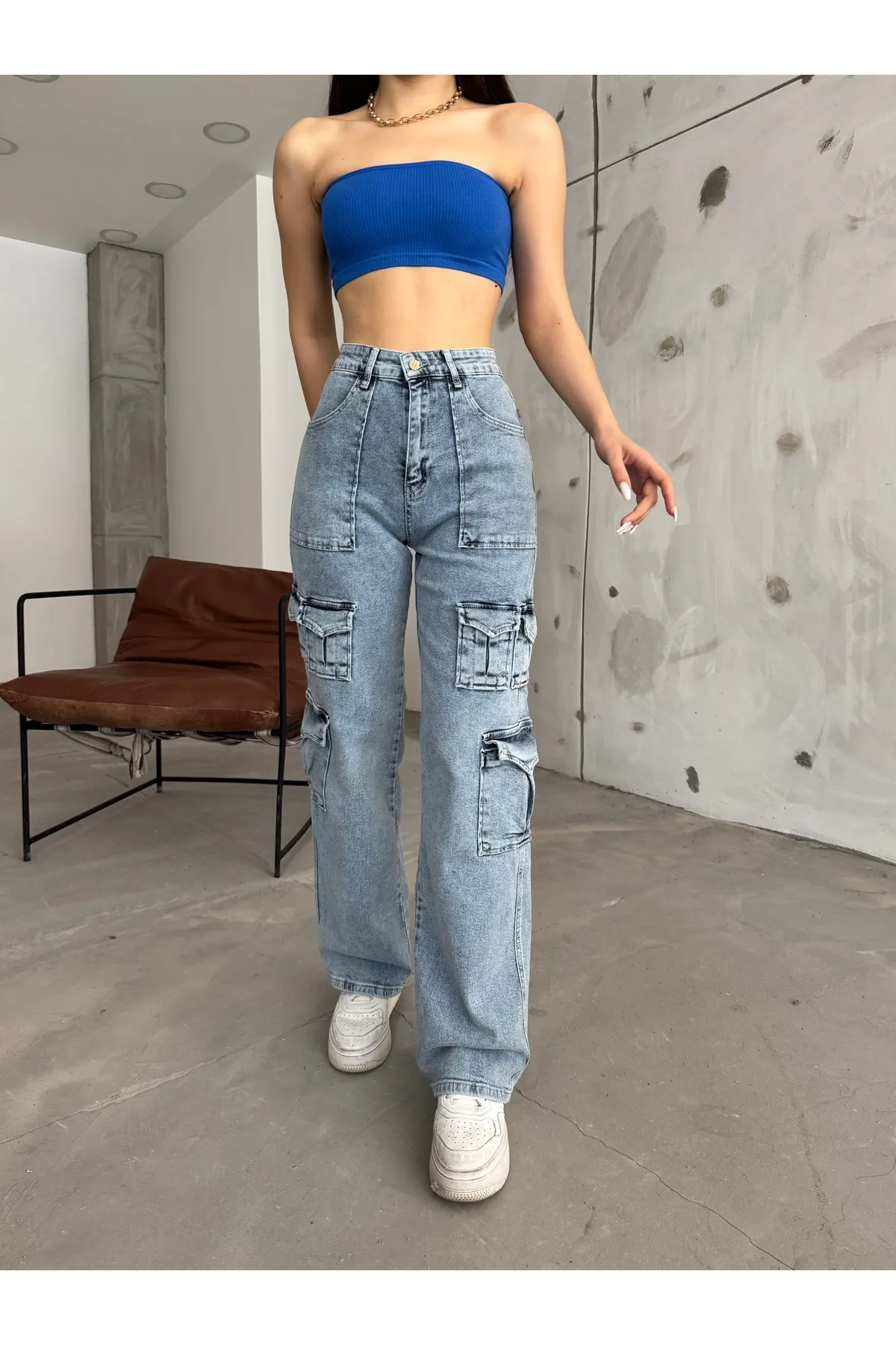 BİKELİFE  Blaue Cargohose für Damen mit hoher Taille und mehreren Taschen und gerader Passform