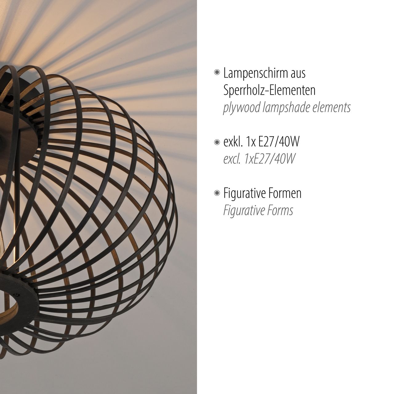 JUST LIGHT LeuchtenDirekt Deckenleuchte RACCOON,, 1xE27 max. 40 Watt exkl., Innenleuchte, IP20 Bambus