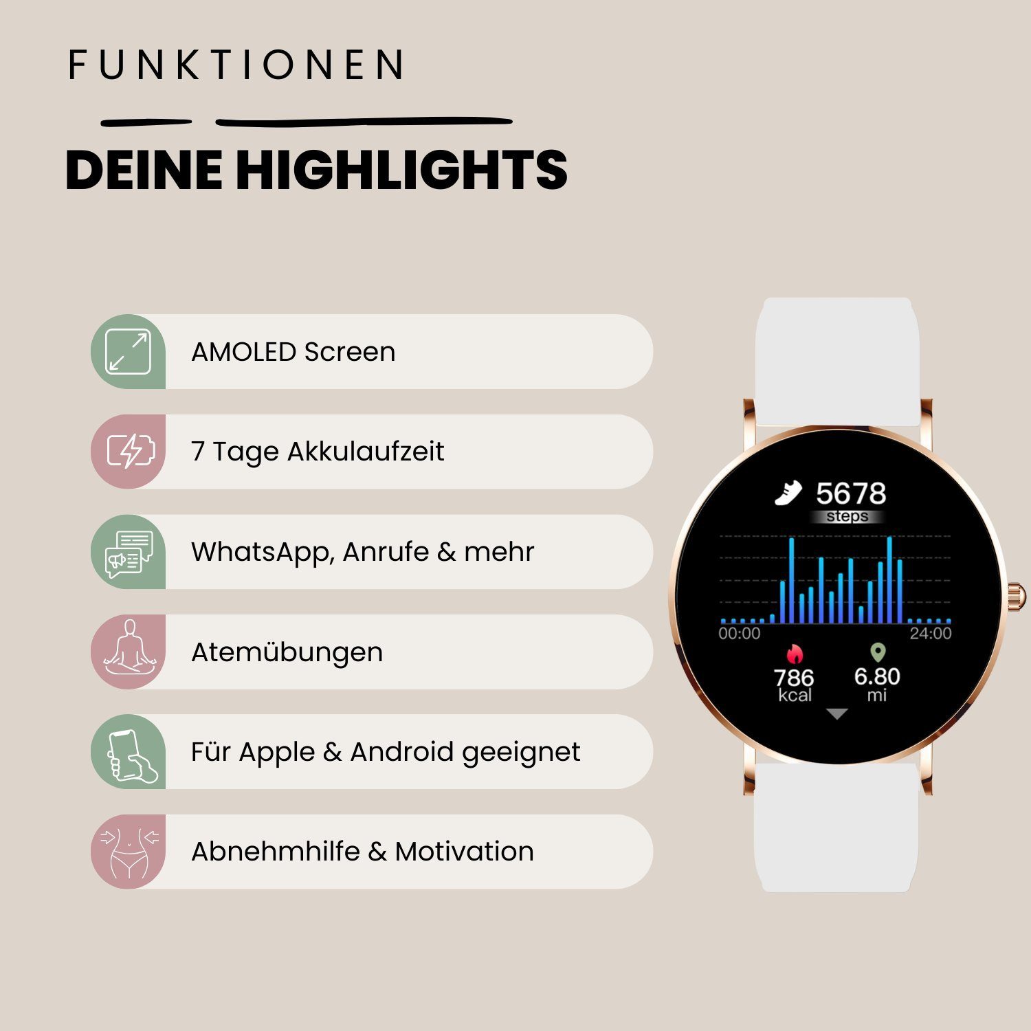 XCOAST SIONA 2 Damen Smartwatch (4,2 cm/1,3 Zoll, iOS und Android) Polar White, Fitness Tracker, 3-tlg., neueste Generation, Blutsauerstoffmesser, Wasserdicht, Ultra flach, Puls, Blutdruck, brillante Farben, AMOLED