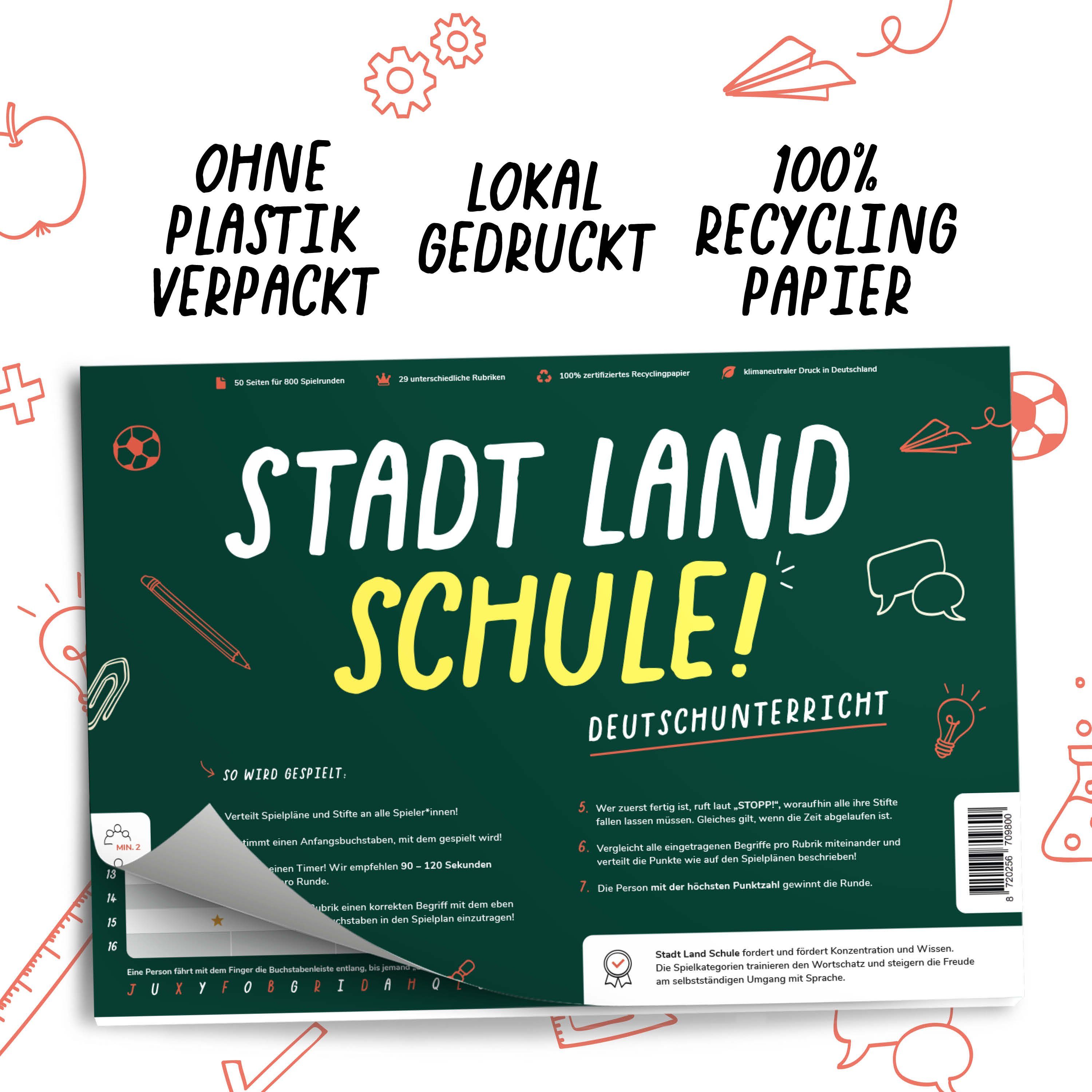 Pihu Spiel, Lernspiel STADT LAND SCHULE (DEUTSCH), Lernspiel für den Deutschunterricht, Klimaneutral gedruckt