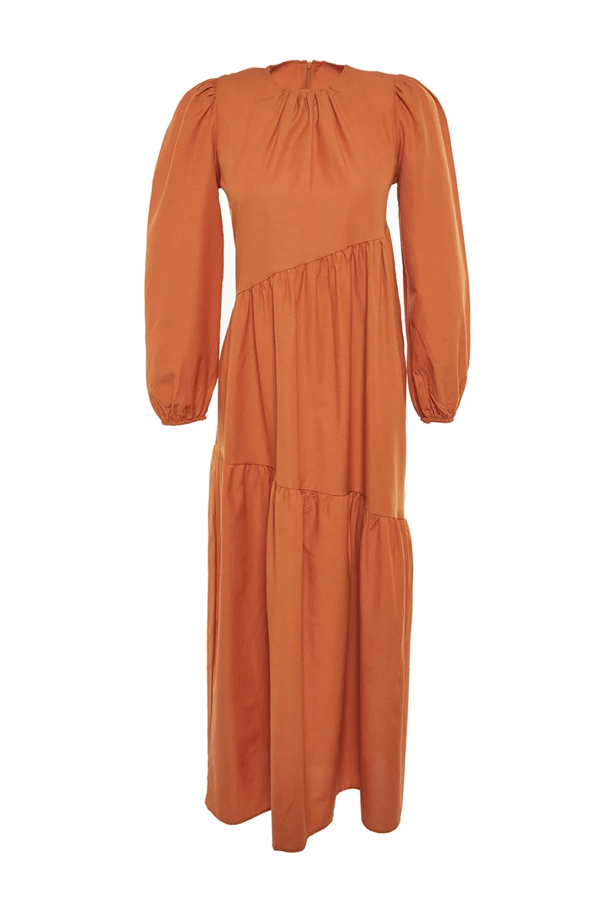 Trendyol Modest  Gewebtes Kleid aus Baumwolle mit weiter Passform und Raffung in Zimtfarbe TCTSS21EL3470