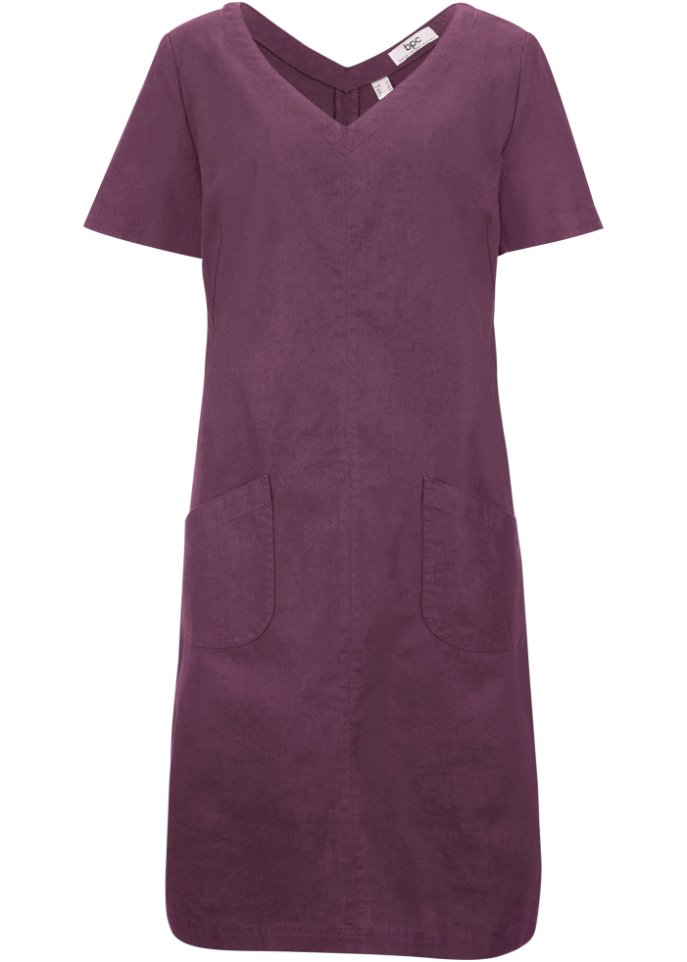 Knielanges Kleid mit Leinen und V-Ausschnitt, Halbarm