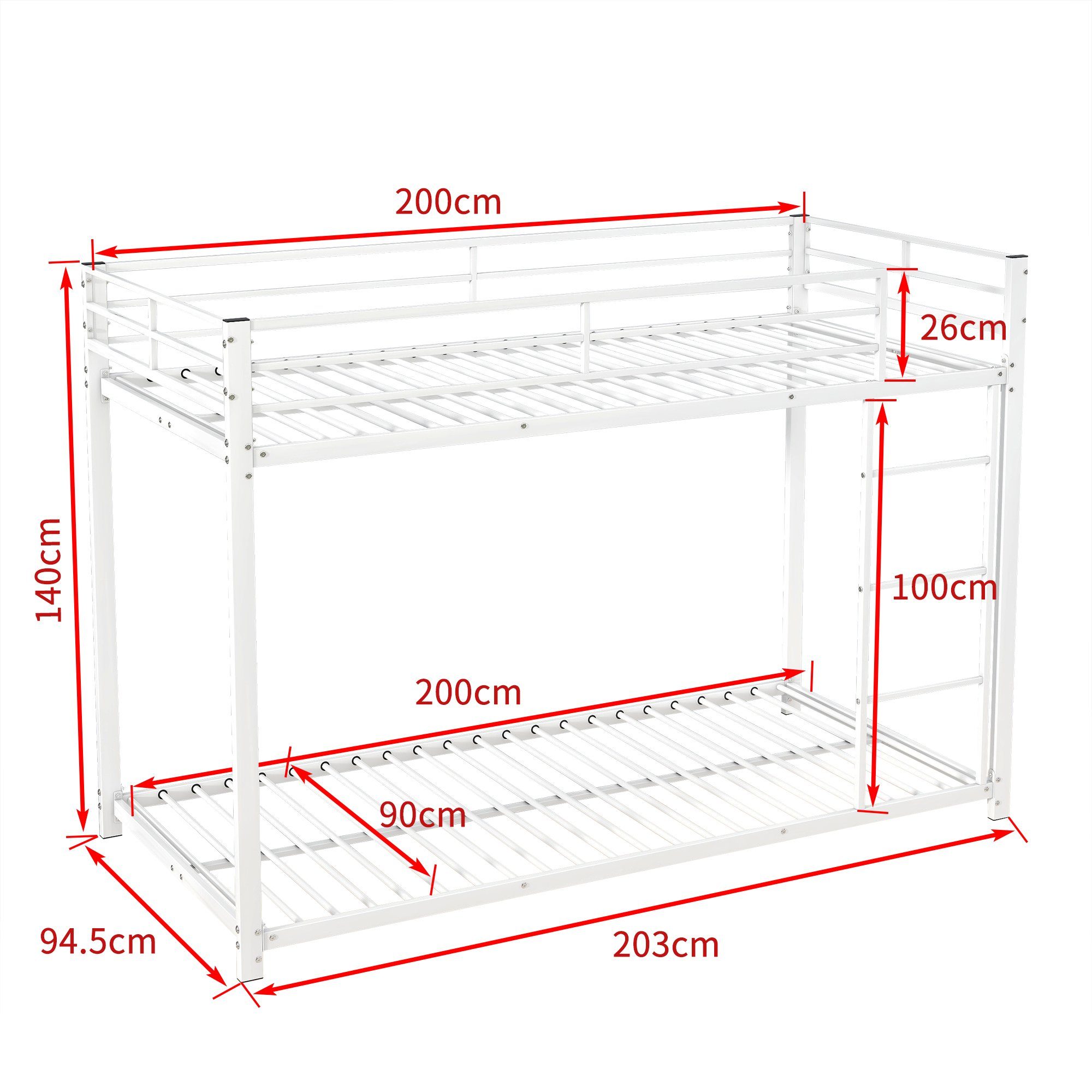 HAUSS SPLOE Etagenbett Etagenbett Metallbett Kinderbett Hochbett Bettrahmen Einzelbett (90*200 cm, Eisenetagenbetten in klassischer Form), ohne Matratze