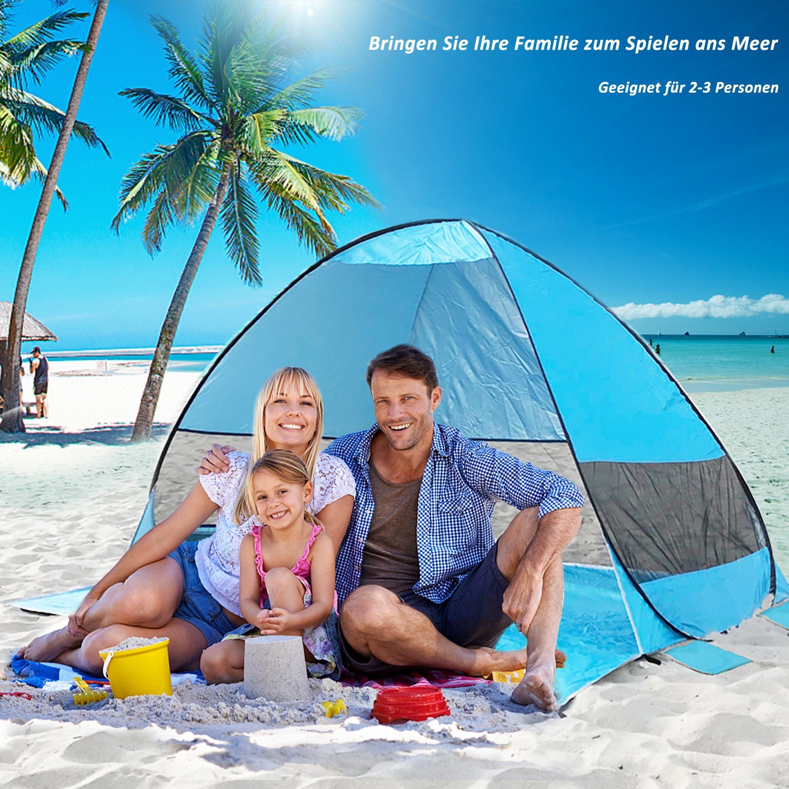 CALIYO Strandmuschel Strandmuschel Pop Up Strandzelt Automatisches Sonnenschutz Strand, mit UV-Schutz, für (2-3) Personen Familie Strand Camping, Garten