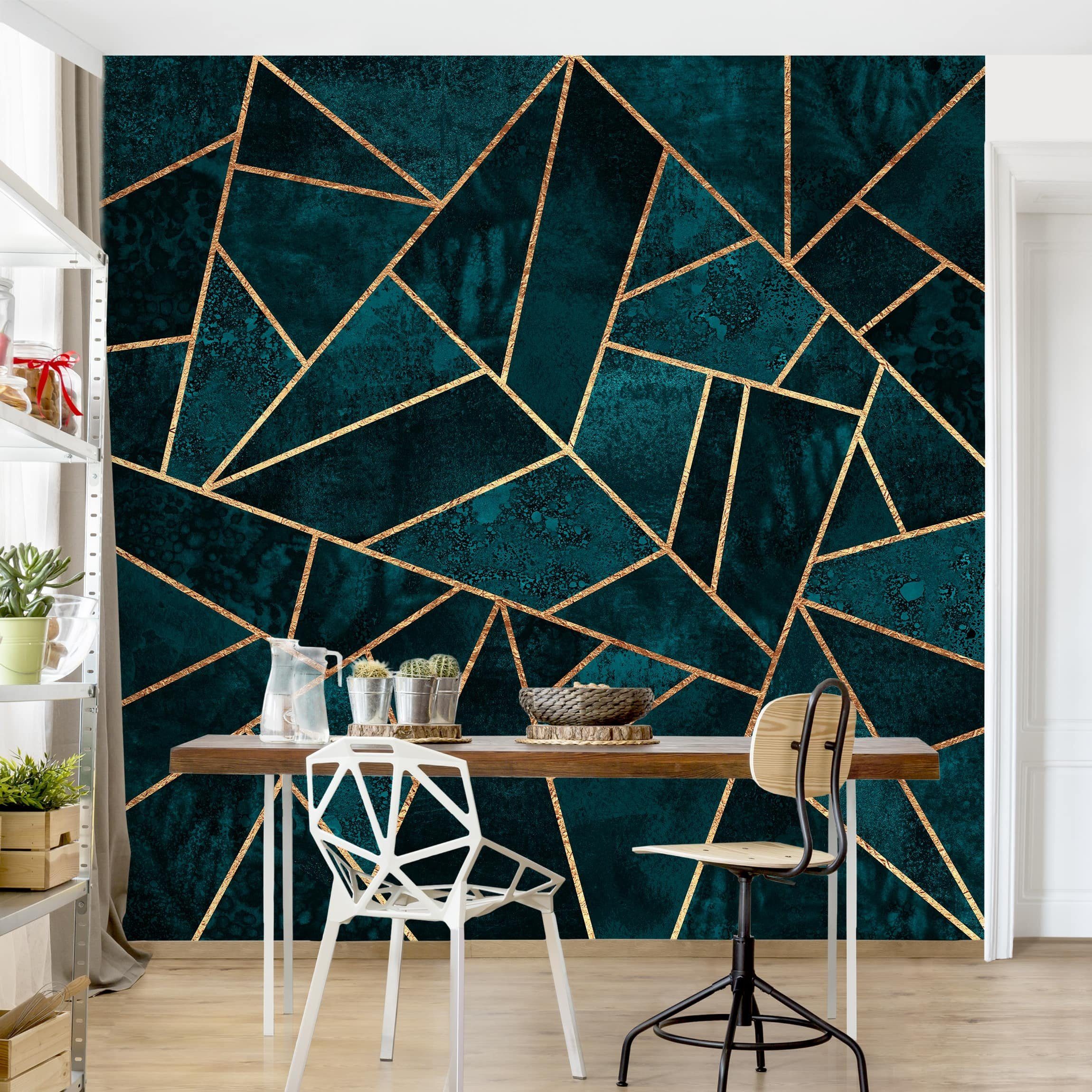 Bilderdepot24 Vliestapete Abstrakt Dunkles Türkis Gold Tapete Wanddeko Modern Kunst, Glatt, Matt, (Inklusive Gratis-Kleister oder selbstklebend), Wohnzimmer Schlafzimmer Küche Flur Fototapete Motivtapete Wandtapete