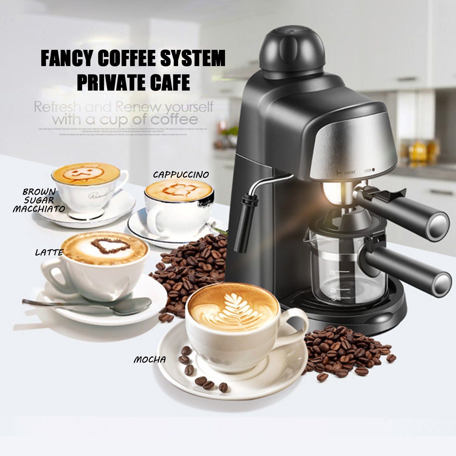 Mutoy Espressomaschine CM6810, kleine Kaffeemaschine mit Milchschäumer, für bis zu 4 Tassen Espresso, 800 W, 5 Bar