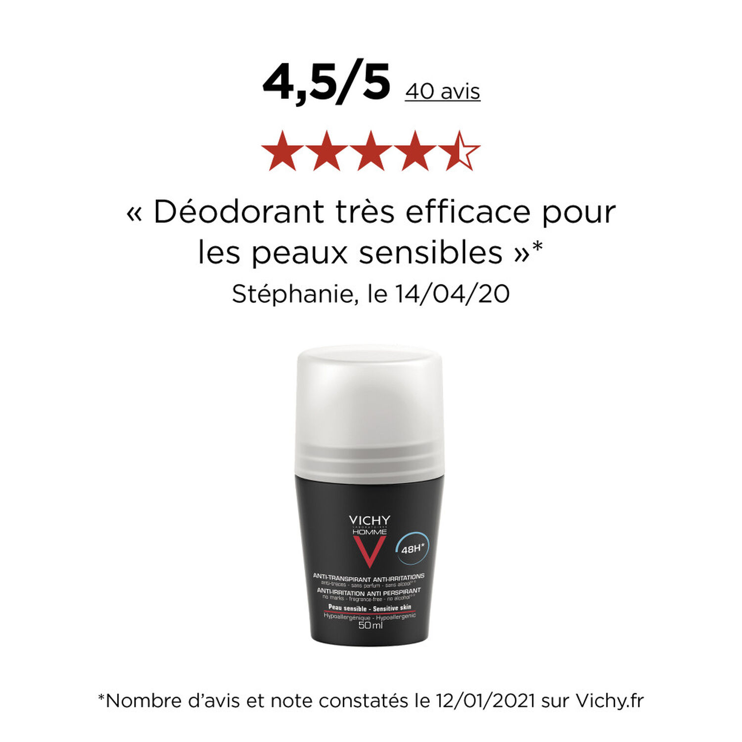 Vichy Homme Déodorant Anti-Transpirant Roll-On 48h 50 ml