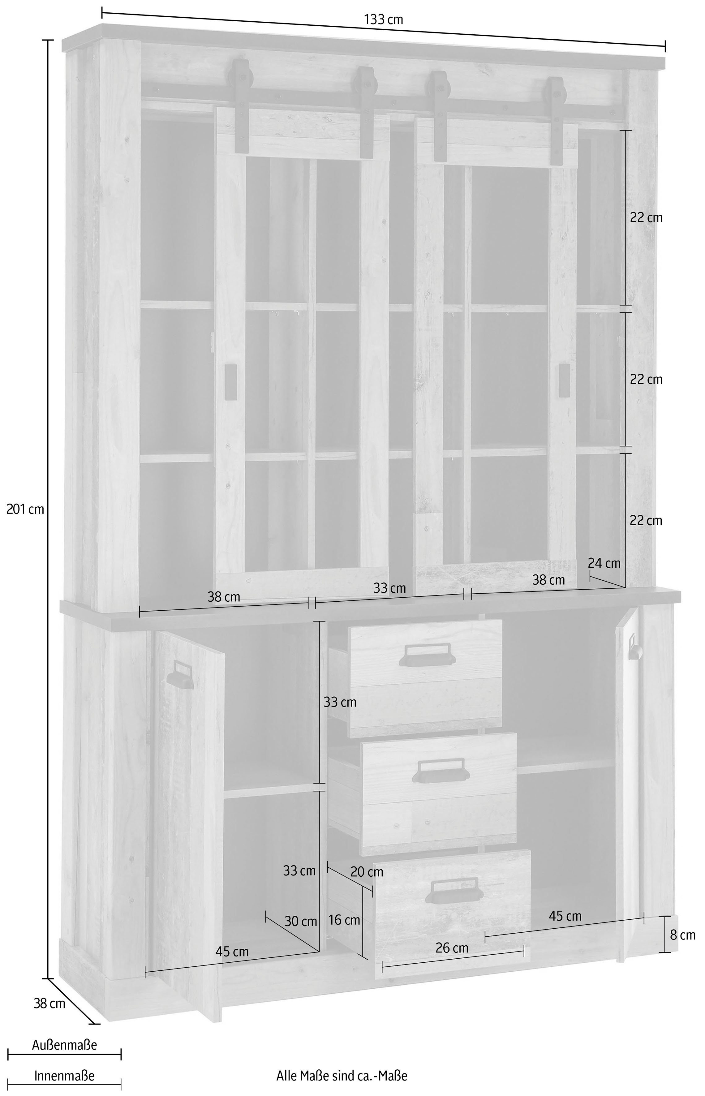 Home affaire Buffet SHERWOOD Holz Dekor, mit Scheunentorbeschlag und Apothekergriffen, Breite 133cm