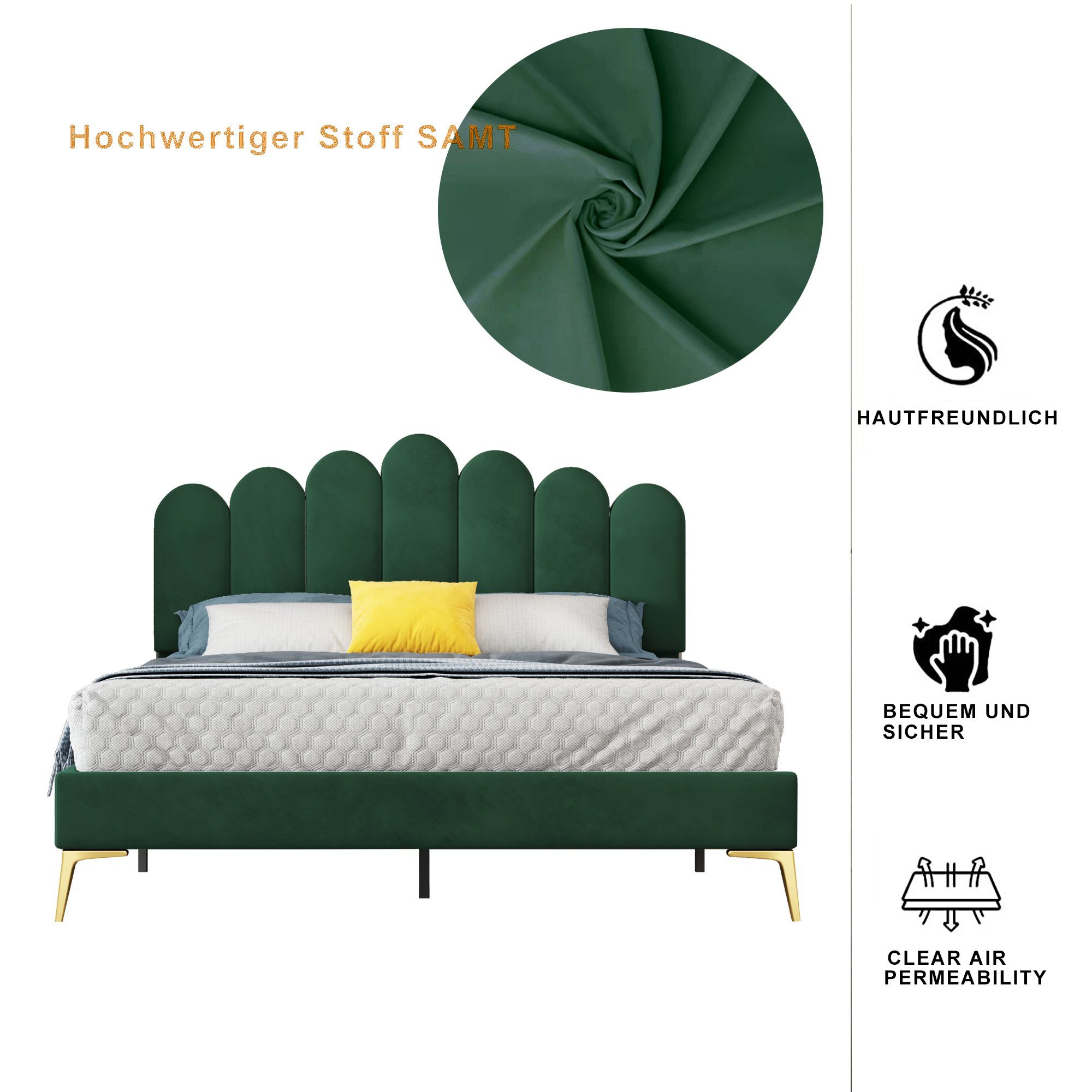 HAUSS SPLOE Polsterbett Polsterbett Funktionsbett Bettrahmen KInderbett Doppelbett (hautfreundlichem Samtstoff, Bettgestell mit Kopfteil und Lattenrost), ohne Matratze