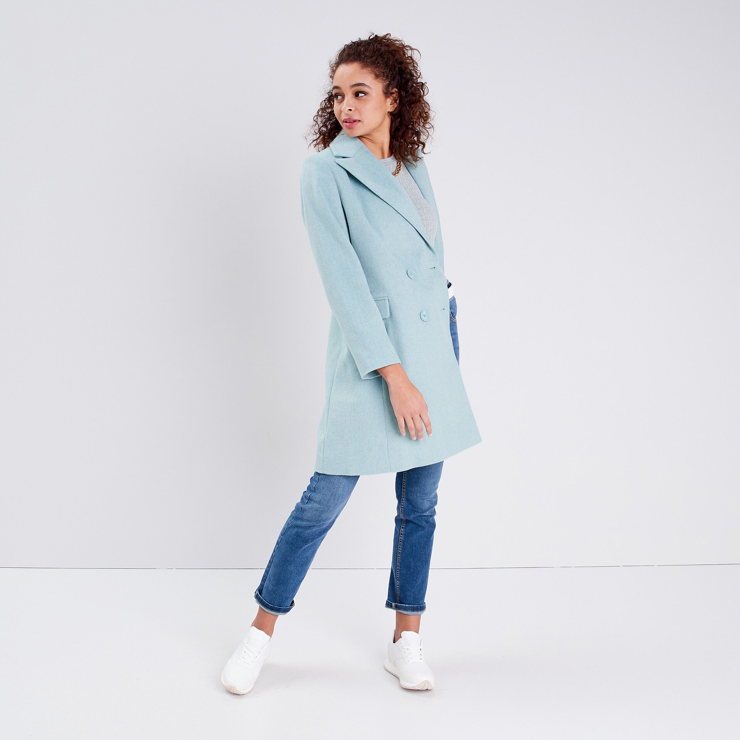 Manteau droit boutonné bleu turquoise femme | Cache Cache