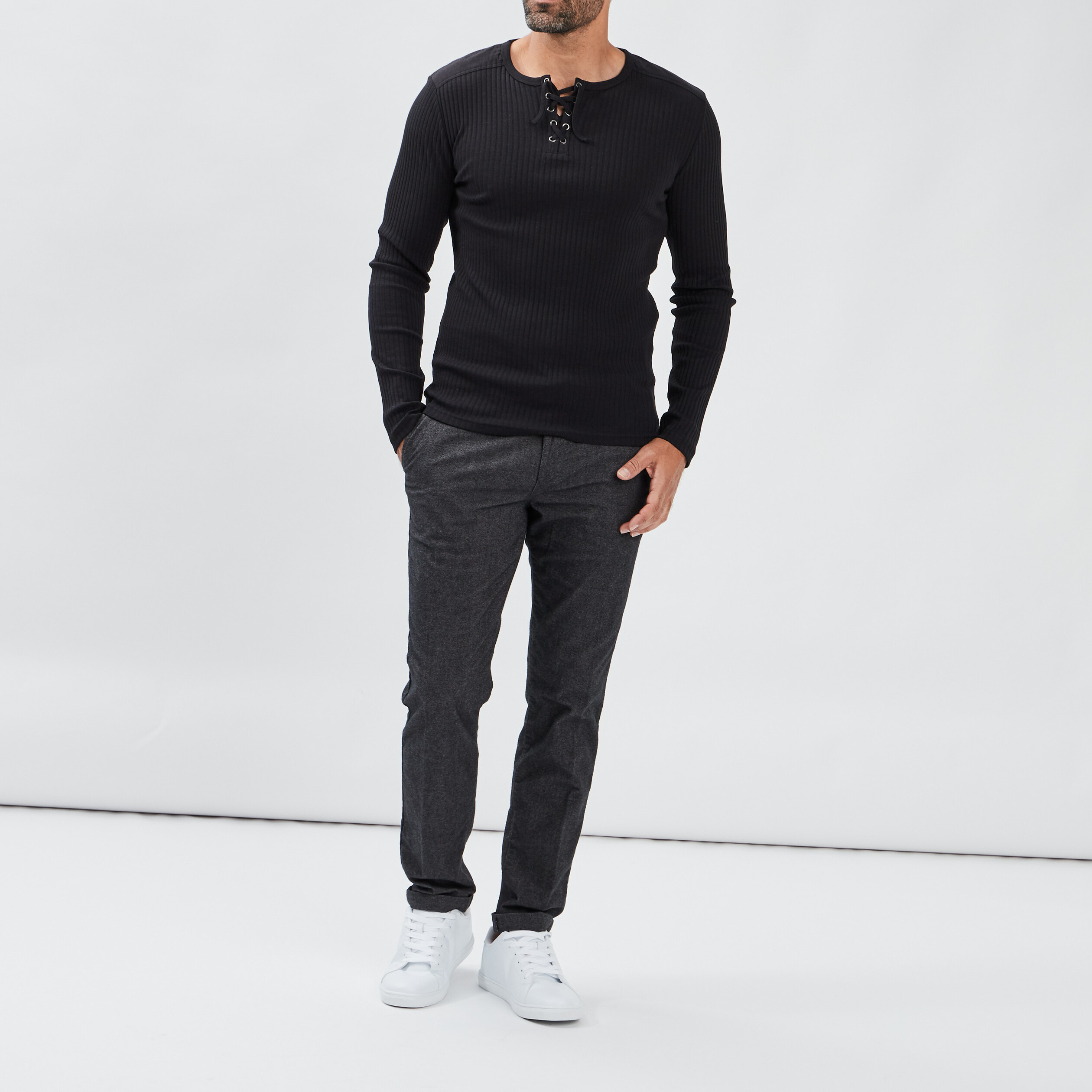 T-shirt ajusté manches longues côtelé noir homme | La Halle
