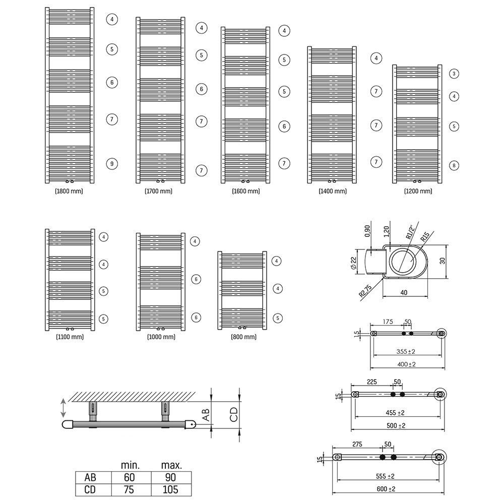 Belrad Badheizkörper BW1800600, Badheizkörper Mittelanschluss Weiß 1800x600 (HxB)-944W
