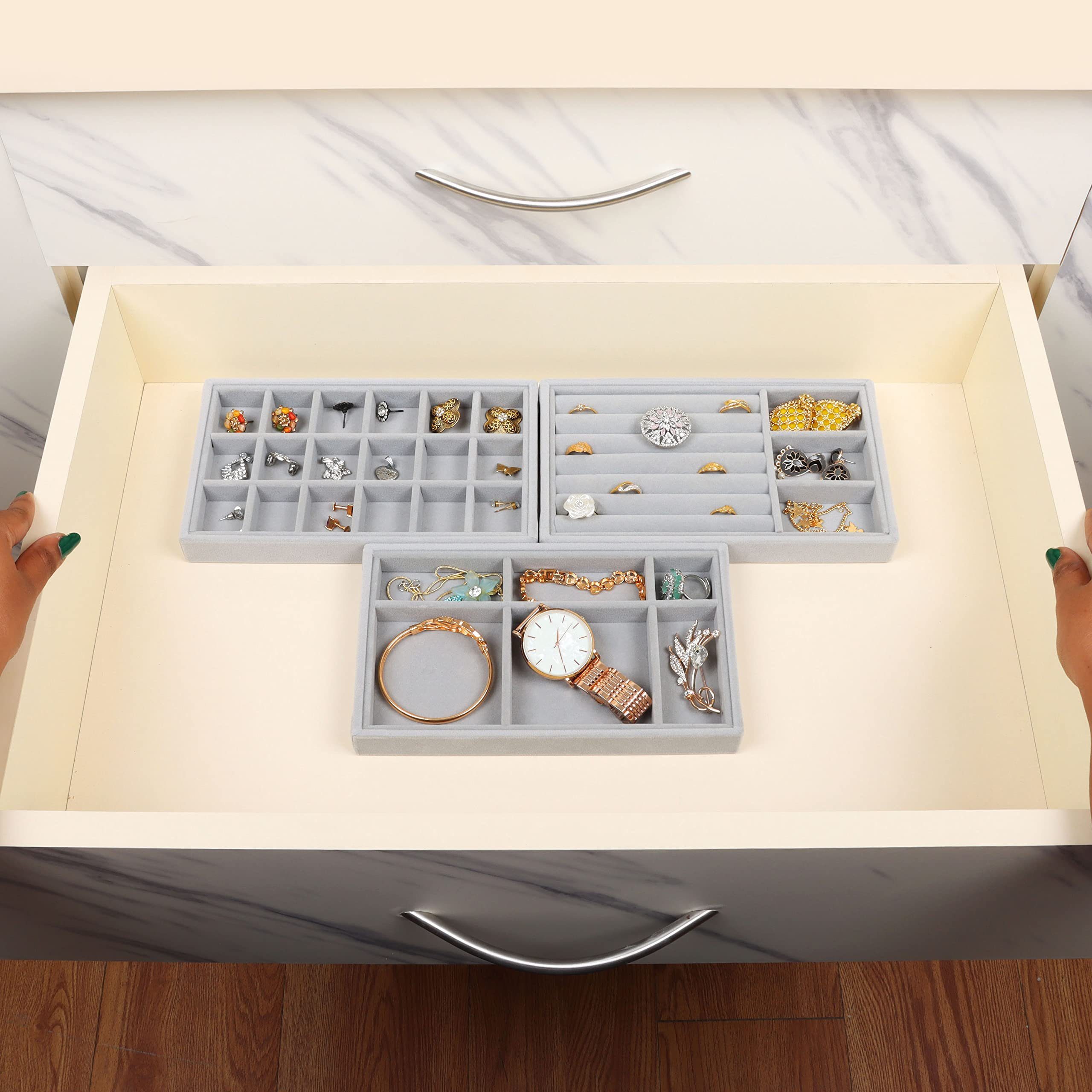 Belle Vous Schmuckständer Grauer Samt Schmuck-Organizer - 9-teiliges Set, Gray Velvet Makeup Organizer for Jewelry - 9 Pieces
