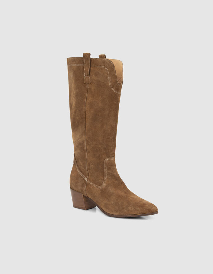 Bottes cognac cuir velours esprit santiag Femme