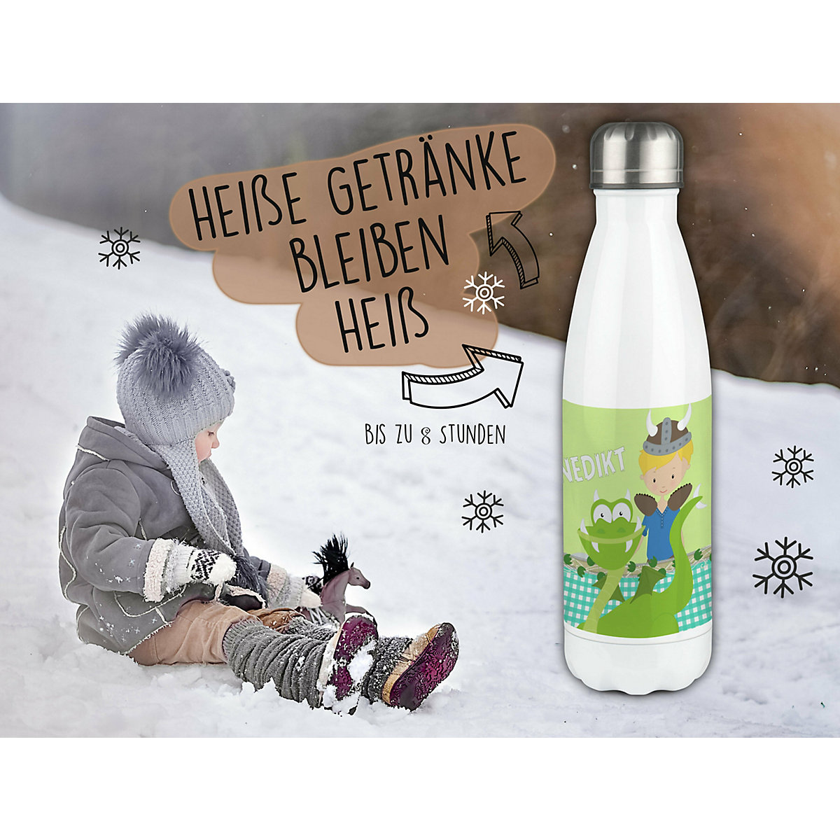 Edelstahl Kinder Thermoflasche / Trinkflasche bunt Wikinger Spülmaschinenfest, Auslaufsicher, Bruchfest, Doppelwandig, Für Heißgetränke geeignet, Mit Deckel, Isoliert