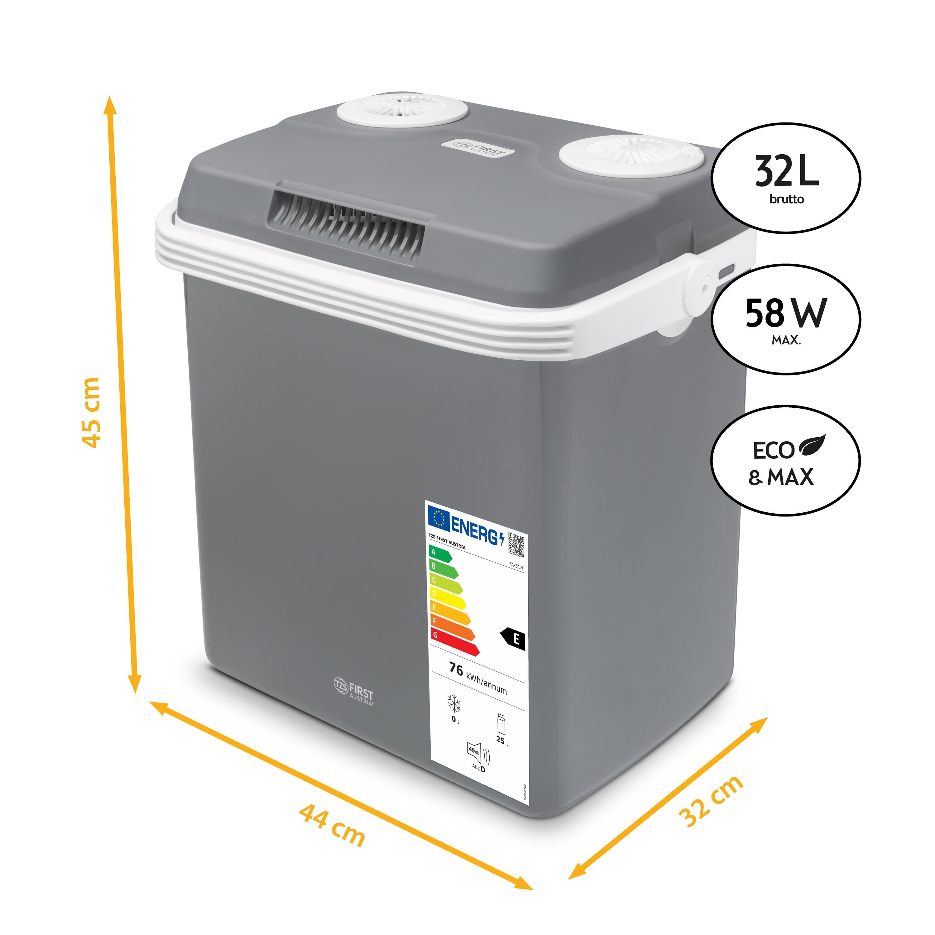 TZS FIRST AUSTRIA Elektrische Kühlbox elektrische Kühlbox, 32L, 12V /230V Anschluss, 12-V-Stecker fürs Auto, für Camping, Festivals, Reisen, mit Kühl- und Warmhaltefunktion