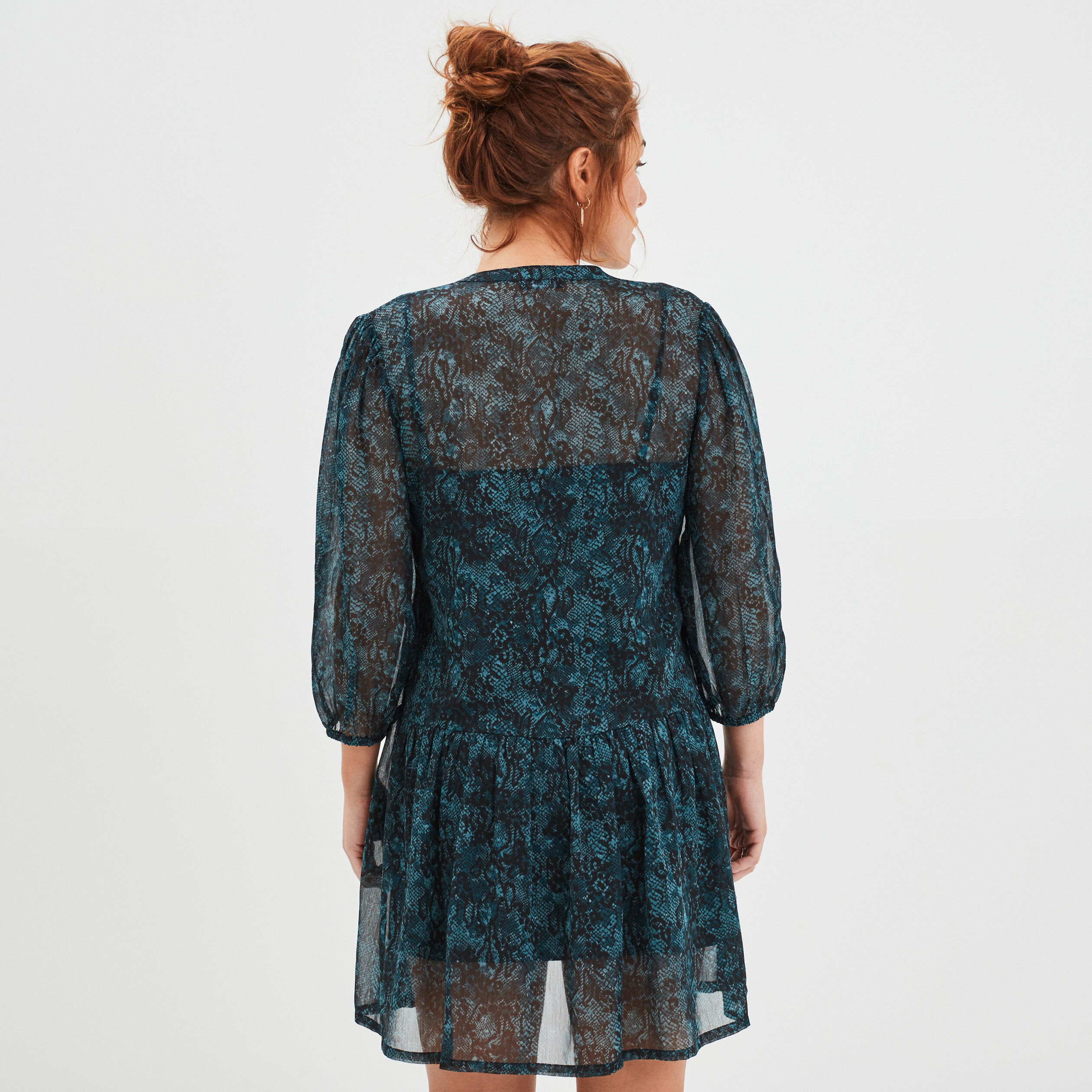Robe fluide évasée courte col V Liberto bleu canard femme | La Halle