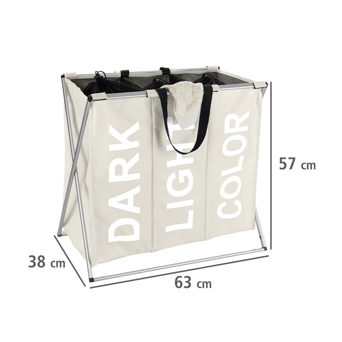 WENKO Wäschekorb Trio, beige, 3-tlg Aufteilung, klappbar, mit Griffen