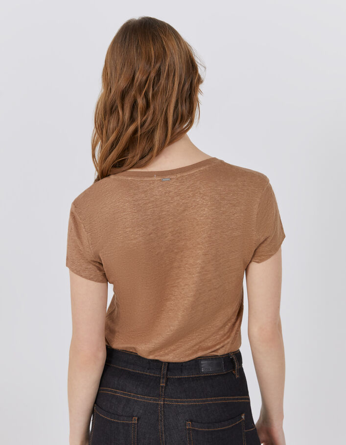 Tee-shirt col V camel en lin foil femme