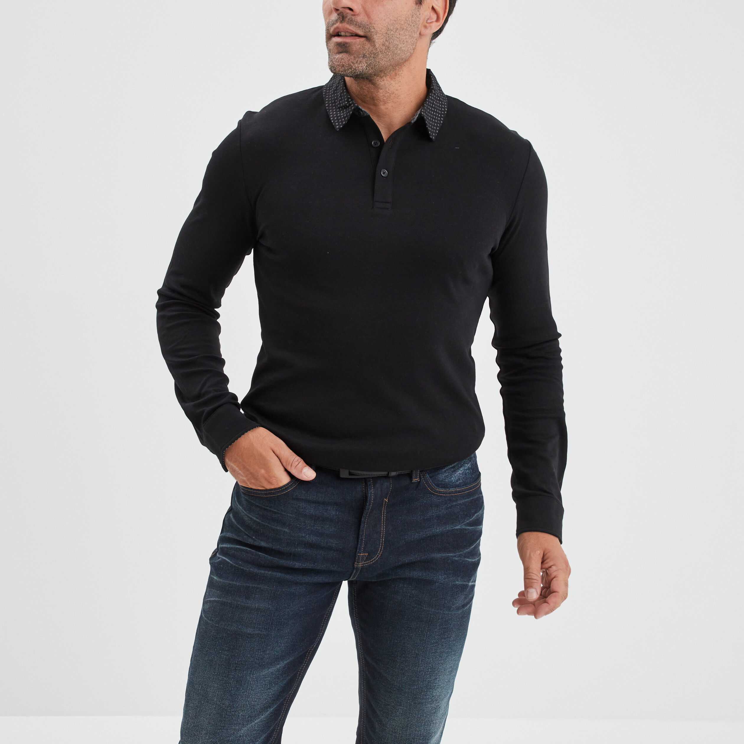 Polo col boutonné manches longues coton noir homme | La Halle