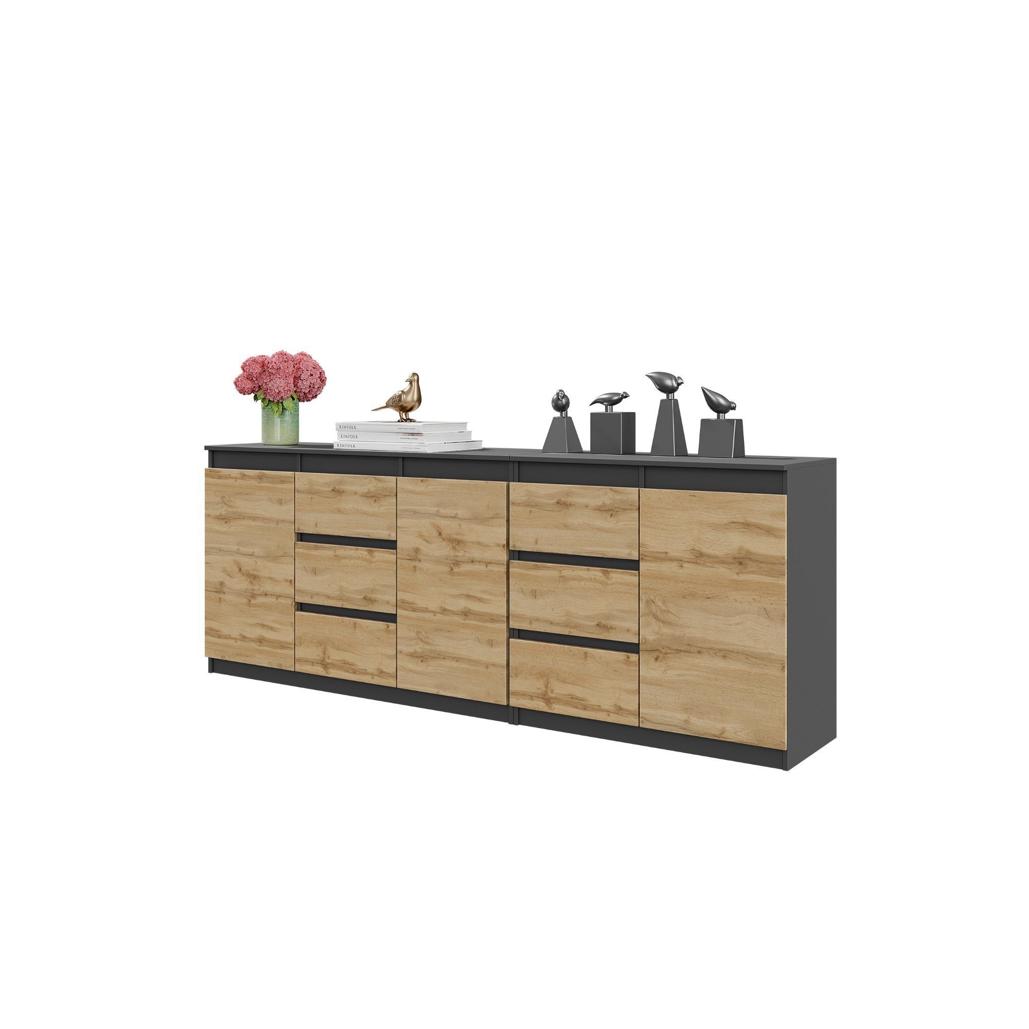 Furnica Kommode MIKEL, 6 Schubladen und 3 Türen - Anthrazit Grau H75cm B200cm T35cm