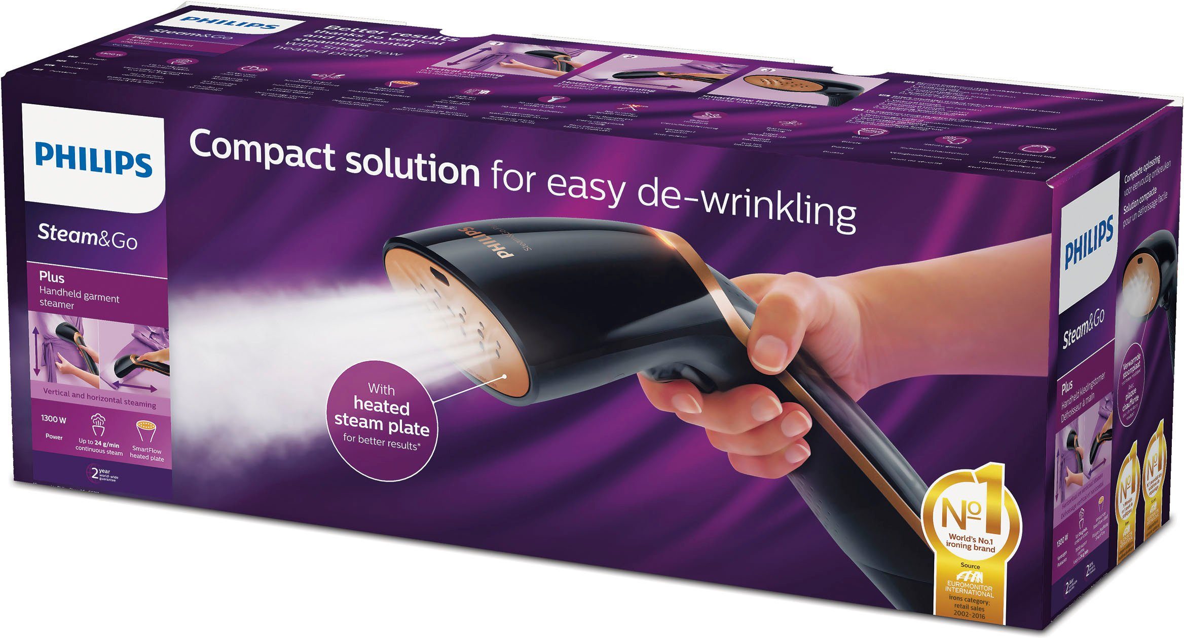 Philips Dampfbürste Steam&Go GC362/80, 1300 W, 70 ml Wassertank und Handschuh